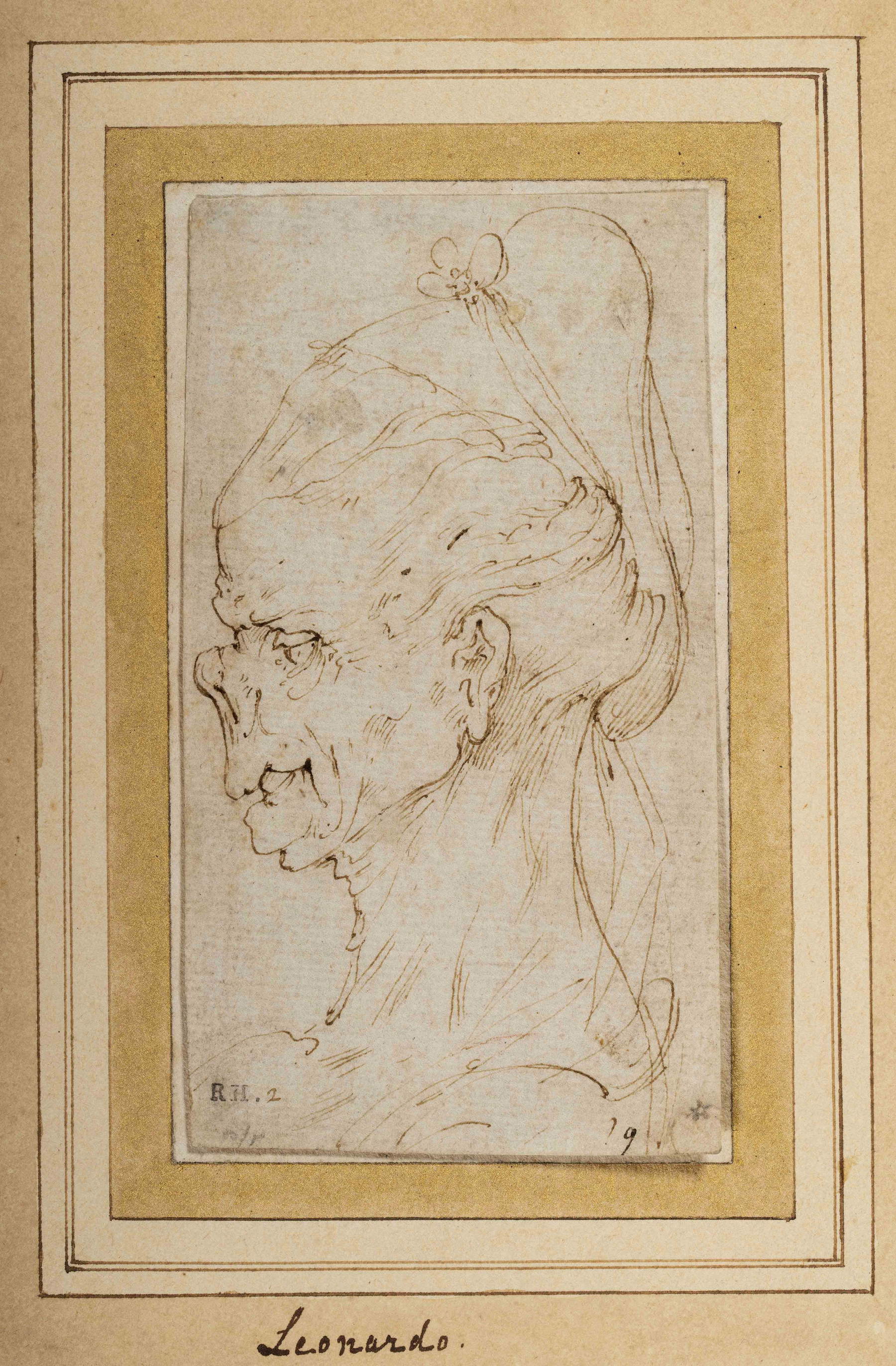 Leonardo da Vinci, Grotesker Frauenkopf im Profil nach links (ca. 1490–1500; Feder und helle Sepia-Tinte auf einer mit Blei- oder Silberspitze angezeichneten Kontur, mit Übermalungen in dunklerer Tinte, 118 x 66 mm; Venedig, Sammlung Ligabue) &copy; Sammlung Ligabue, Venedig. Foto: Matteo De Fina