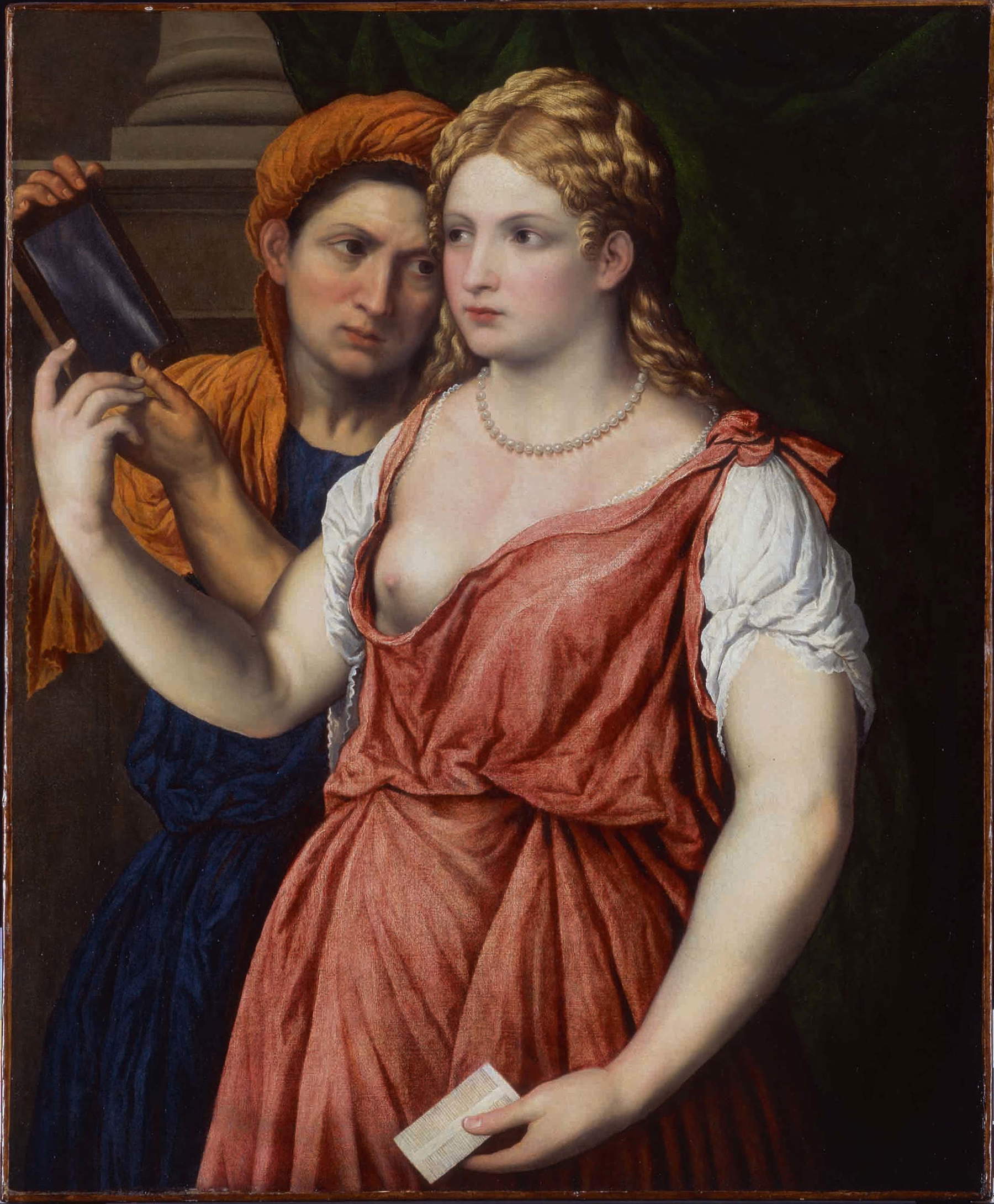 Paris Bordon, „Junge Frau vor dem Spiegel mit Zofe“ (ca. 1535–1540; Öl auf Leinwand, 87 × 72 cm; Hamburg, Kunsthalle) &copy; Hamburger Kunsthalle/ARTOTHEK. Foto: Elke Walford