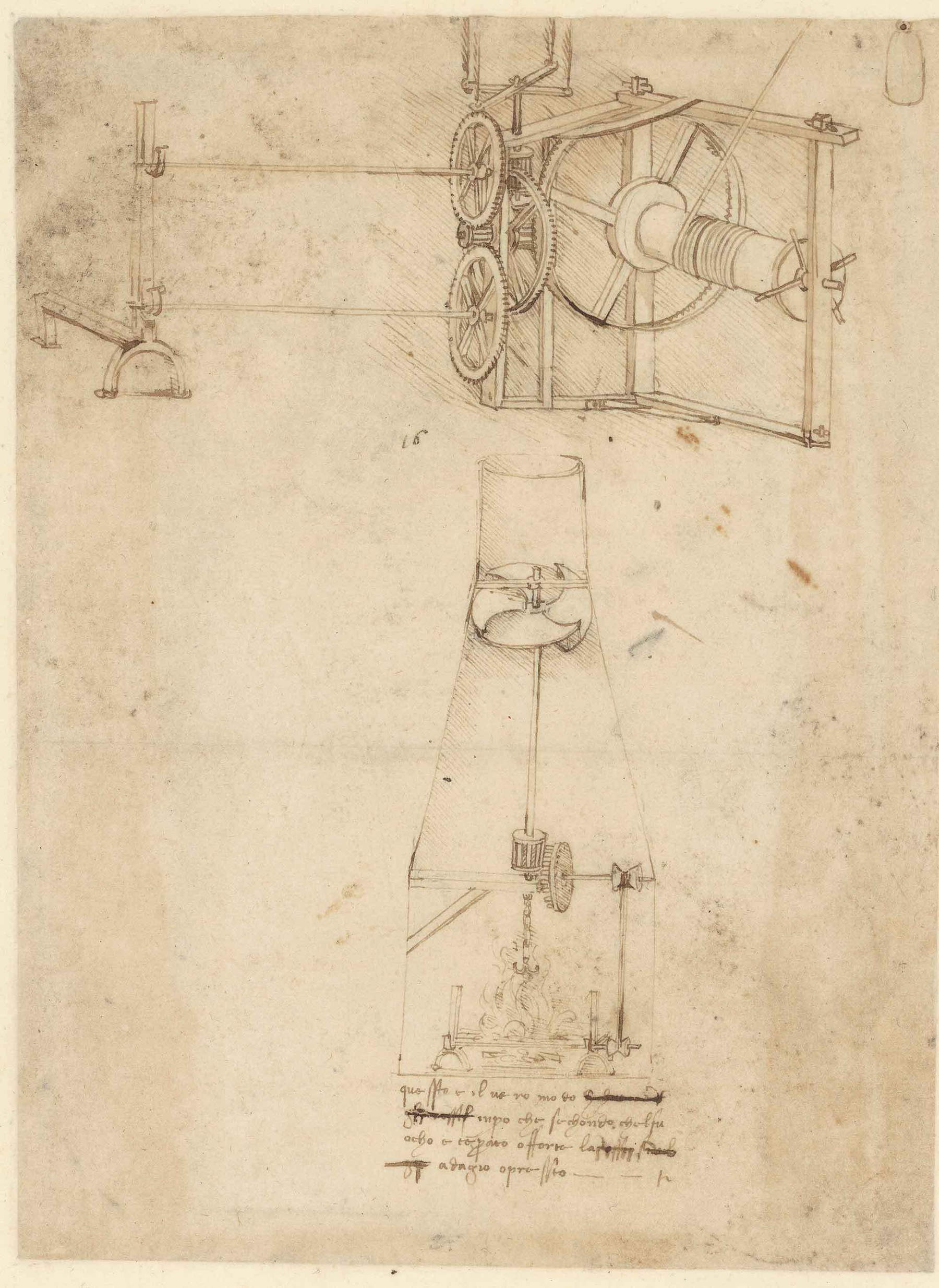 Leonardo da Vinci, Dos dibujos de un asador (hacia 1480; pluma y tinta sobre papel, 255 x 191 mm; Milán, Biblioteca Ambrosiana, Códice Atlántico, f. 21r)