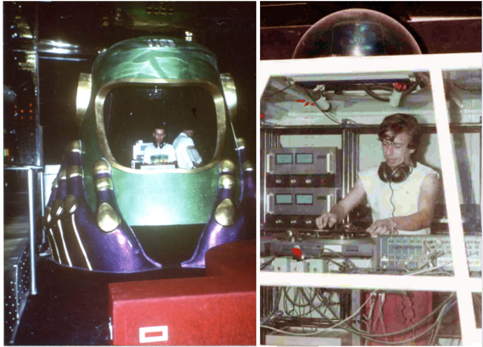 Cosmic, Lazise, 1979. Vue partielle de la piste de danse, qui occupe près de 80 % de la surface, et de la console en forme de casque spatial.