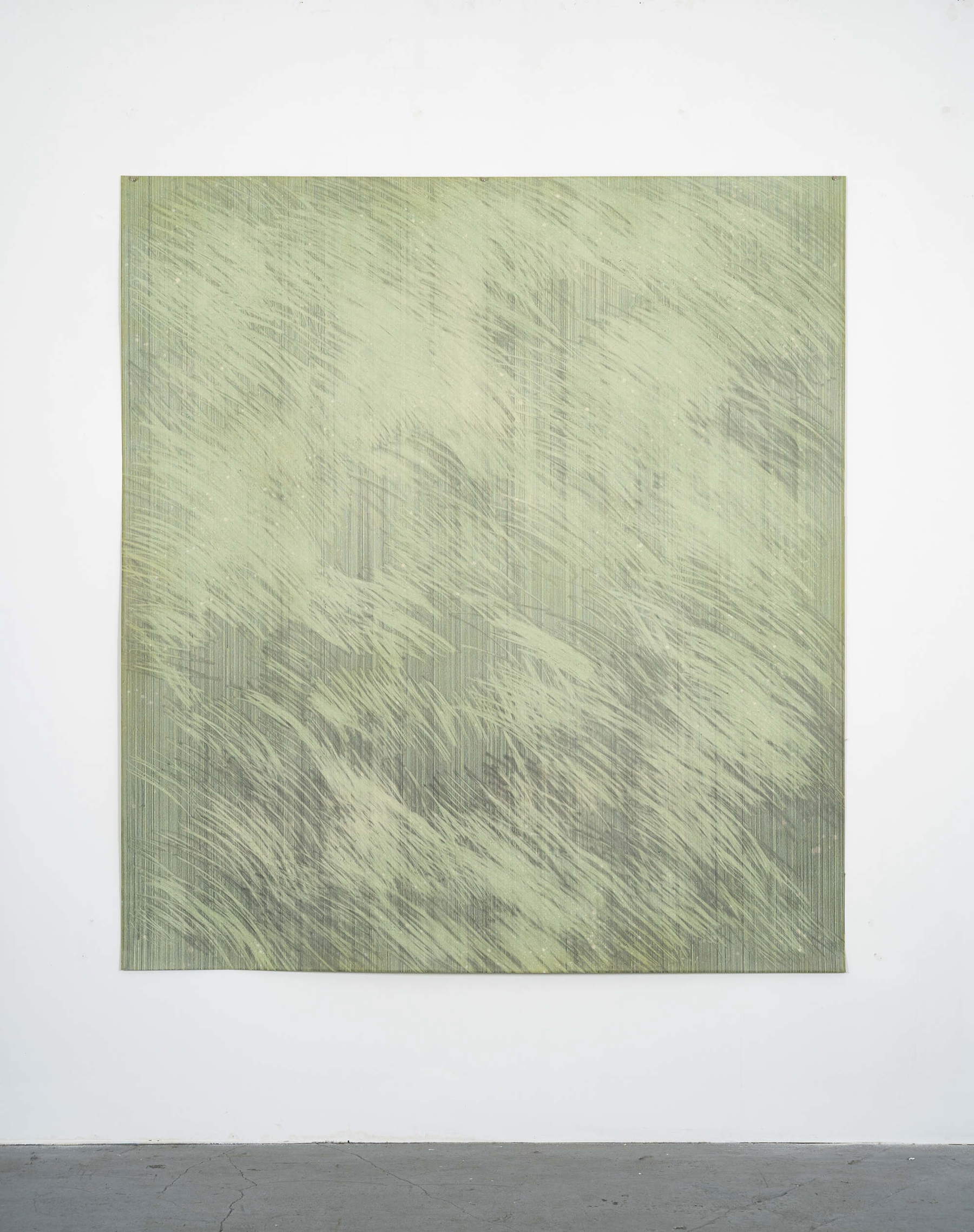 Nicolas Müller, Erased (Bleach) (2026; Bleichmittel, Graphit und Radiergummi auf Papier, 209 × 191 cm)