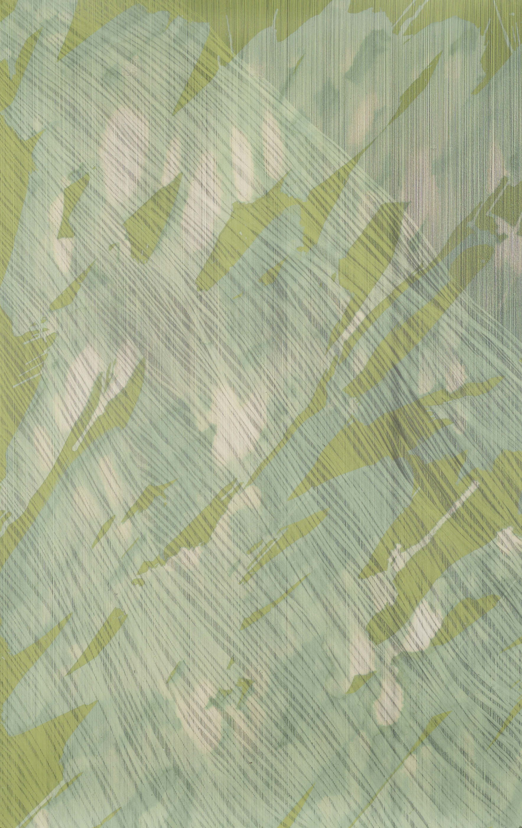 Nicolas Müller, Ohne Titel (2025; Bleichmittel, Graphit und Radiergummi auf Papier, 177 x 113 cm)