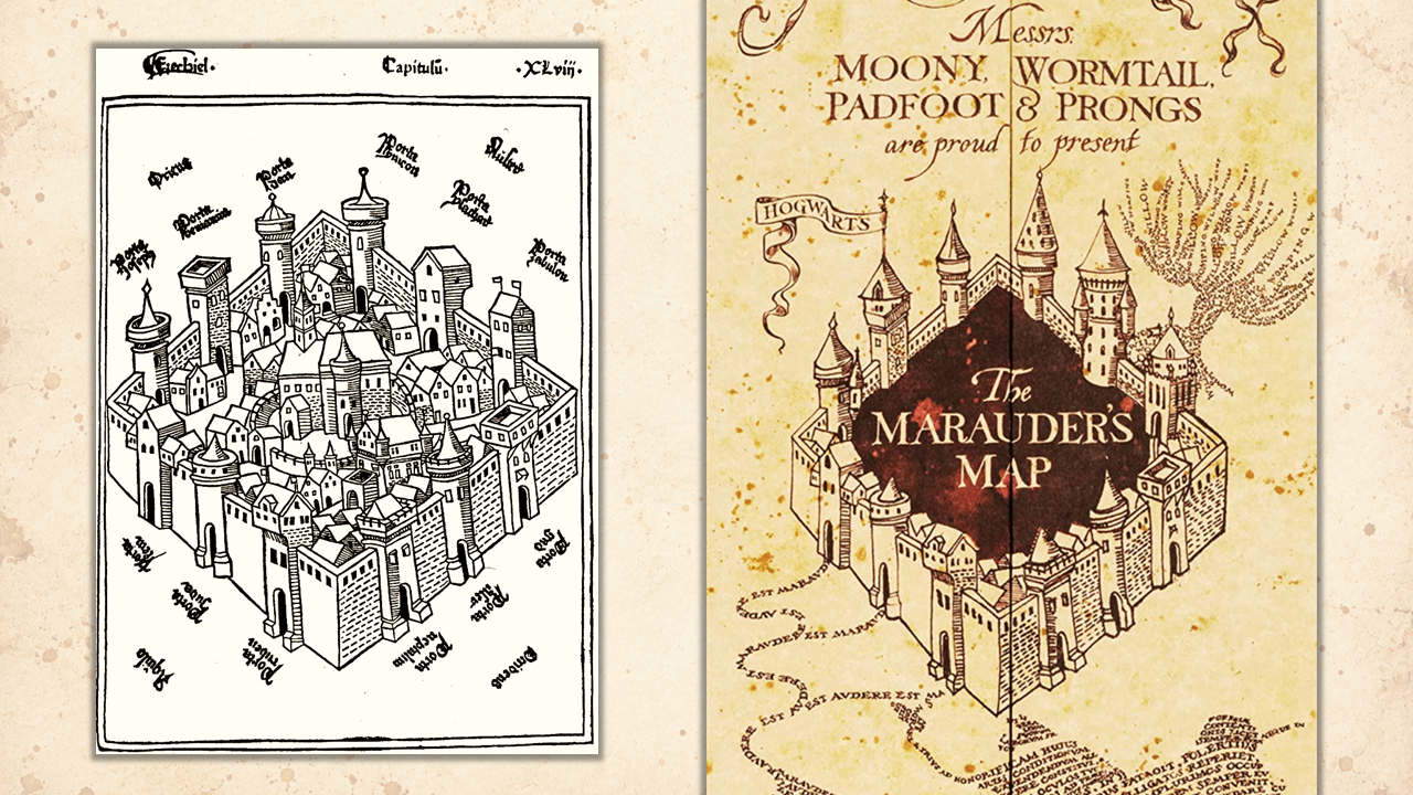 El «Mapa del Malandrino» y sus fuentes figurativas. A la izquierda, la «Nueva Jerusalén», xilografía extraída de las «Postillae» de Nicola da Lira, impresa en Colonia por Ulrich Zell en 1485. A la derecha, el famoso «Mapa del Malandrino», creado por el dúo MinaLima para la saga cinematográfica de Harry Potter. La comparación revela sorprendentes afinidades entre la iconografía del siglo XV y el imaginario visual del Mundo Mágico.