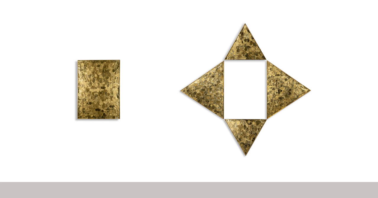 Maurizio Donzelli, O (Star) (2026; mixed media, resin, frame, site-specific installation consisting of 5 pieces, 224 x 221 x 5 cm)