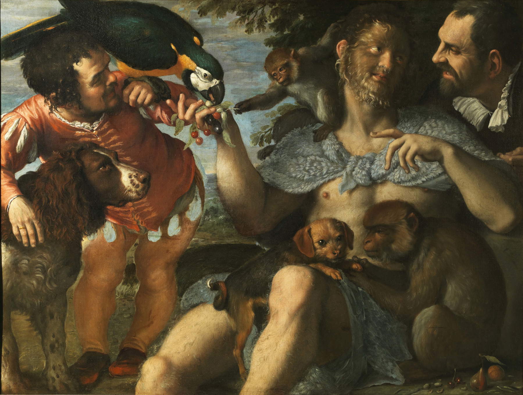 Agostino Carracci, Dreifachporträt von Arrigo dem Behaarten, Pietro dem Verrückten und Amon dem Zwerg (1598–1599; Öl auf Leinwand, 101 &times; 133 cm, Neapel, Museo e Real Bosco di Capodimonte, Inv. Q 369)