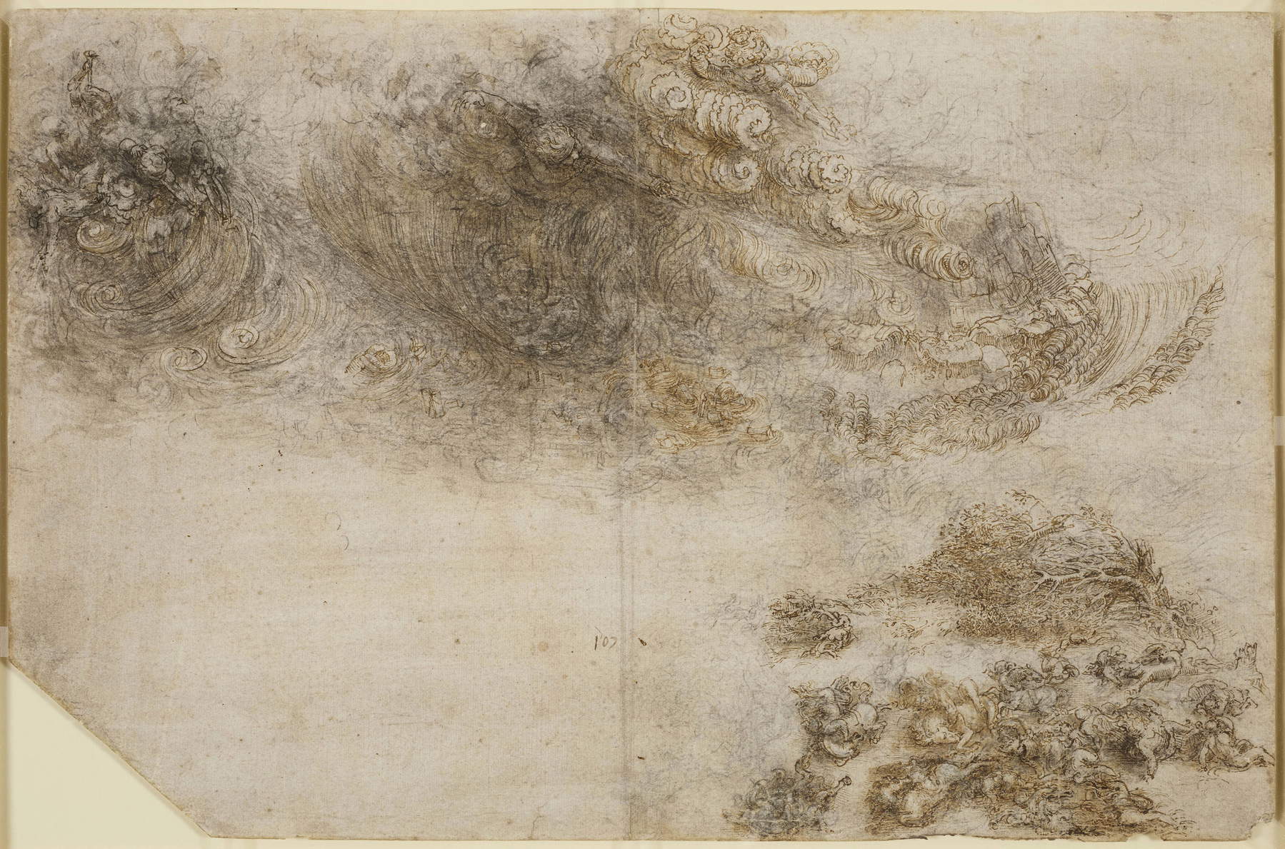Leonardo da Vinci, „Tempesta“ (ca. 1513–1518; schwarzer Stein, Feder und braune Tinte, mit dem Pinsel aufgetragene verdünnte braune Tinte, Hellzeichnungen mit Bleiweiß, 270 &times; 408 mm; Windsor Castle, Royal Library, Inv. RCIN 912376)