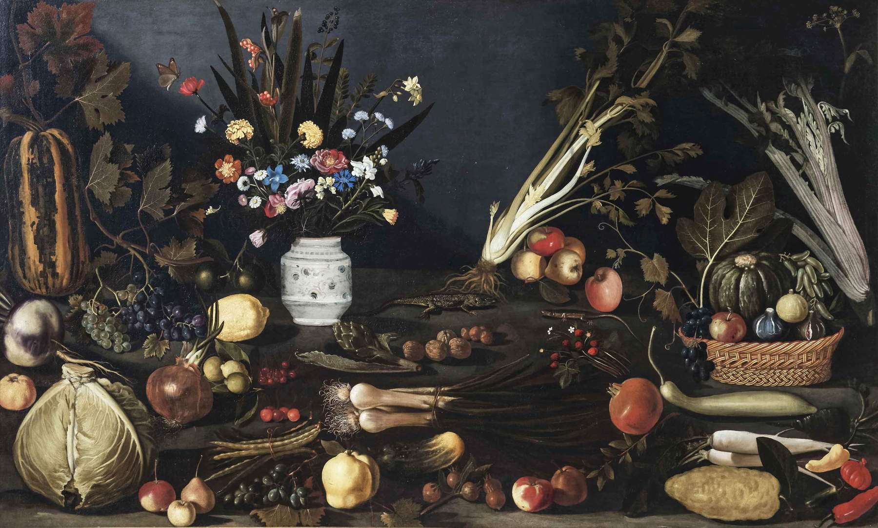 Meister aus Hartford, Vase mit Blumen, Obst und Gemüse (vor 1607; Öl auf Leinwand, 105 &times; 184 cm; Rom, Galleria Borghese, Inv. 54)