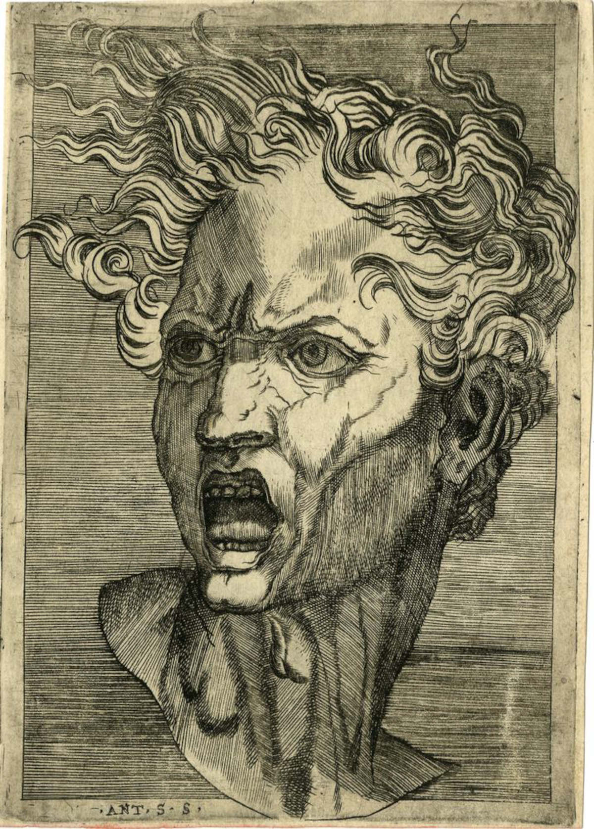 Antonio Salamanca (nach einer Idee von Michelangelo Buonarroti), „Kopf der Furia“ (16. Jahrhundert; Kupferstich, 183 &times; 128 mm; London, British Museum)