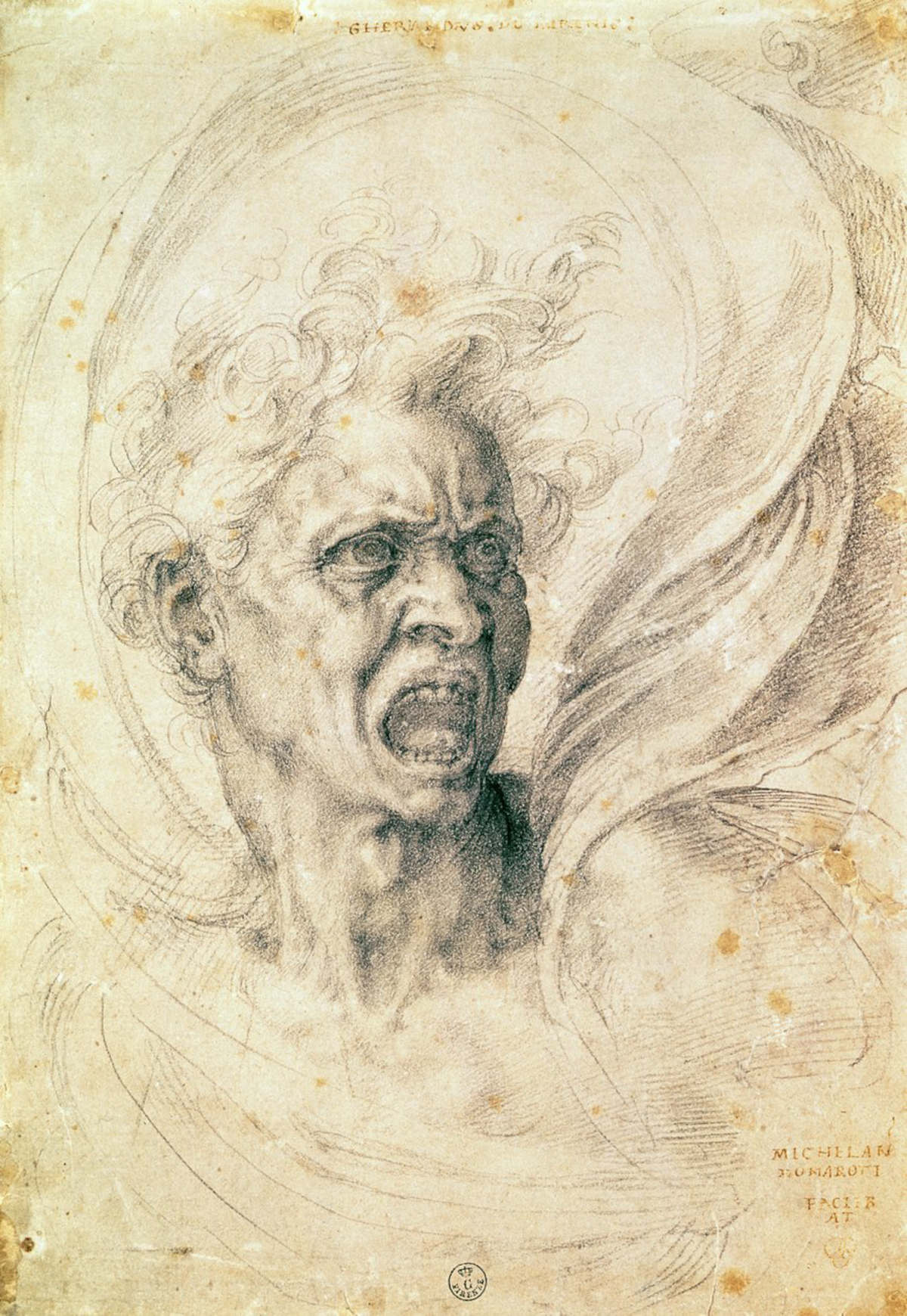 Michelangelo, Verdammte Seele (um 1525; Tinte auf Papier, 357 &times; 251 mm; Florenz, Uffizien, Kabinett für Zeichnungen und Drucke)
