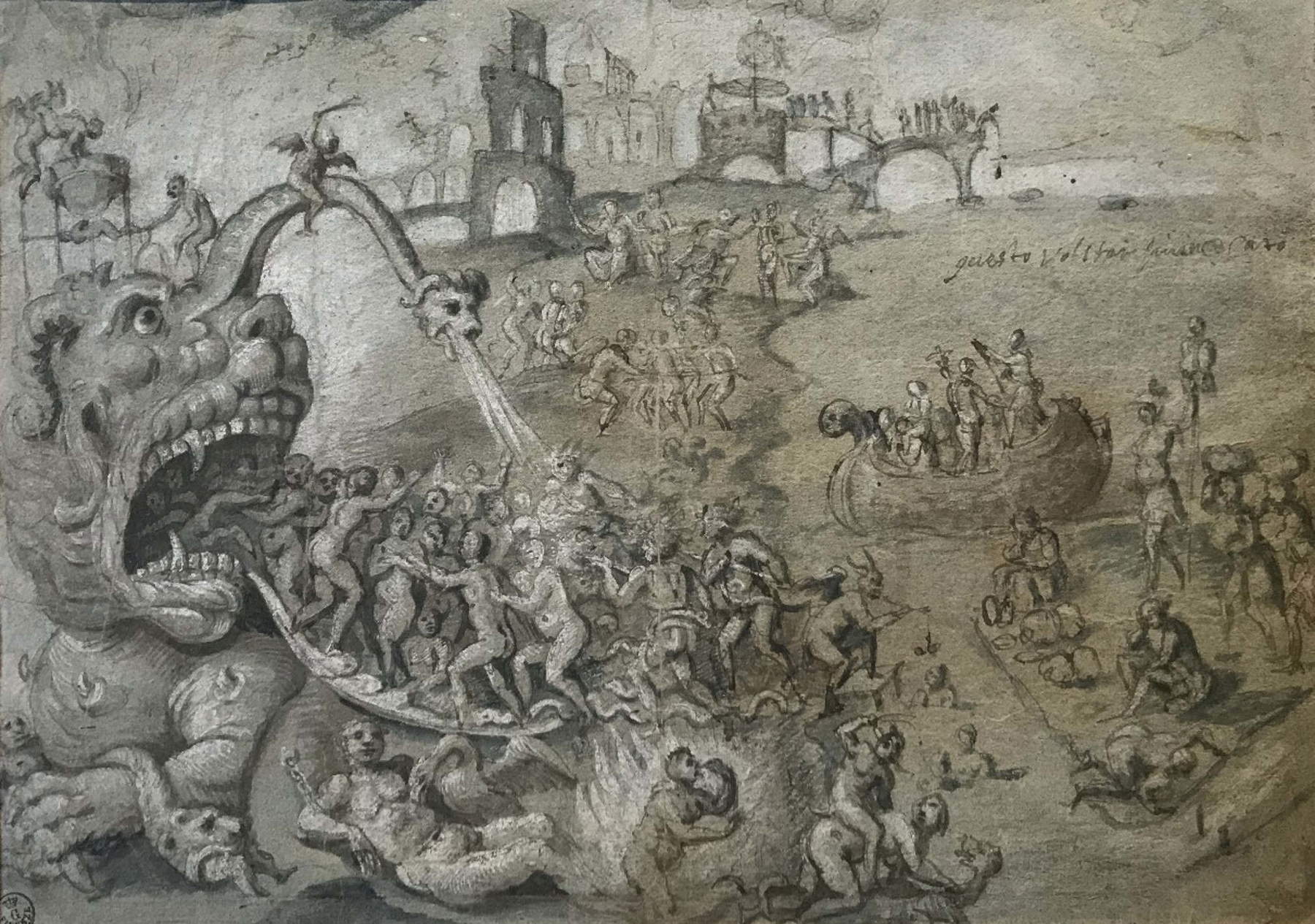 Belisario Corenzio, Le châtiment des damnés (1603-1605 ; dessin ; Florence, Galeries des Offices, Cabinet des dessins et des estampes, n° d'inv. 2314 F)