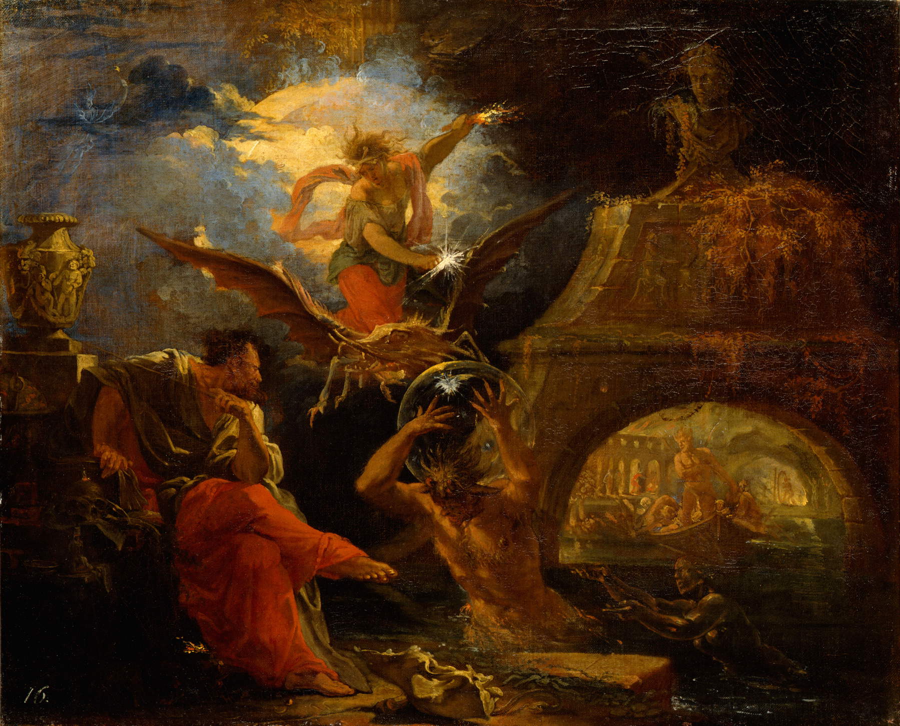 Domenicus van Wijnen, « Acte de nécromancie de Tirésias » (vers 1680-1685 ; huile sur toile, 61 &times; 73 cm ; Braunschweig, Musée du duc Anton Ulrich)