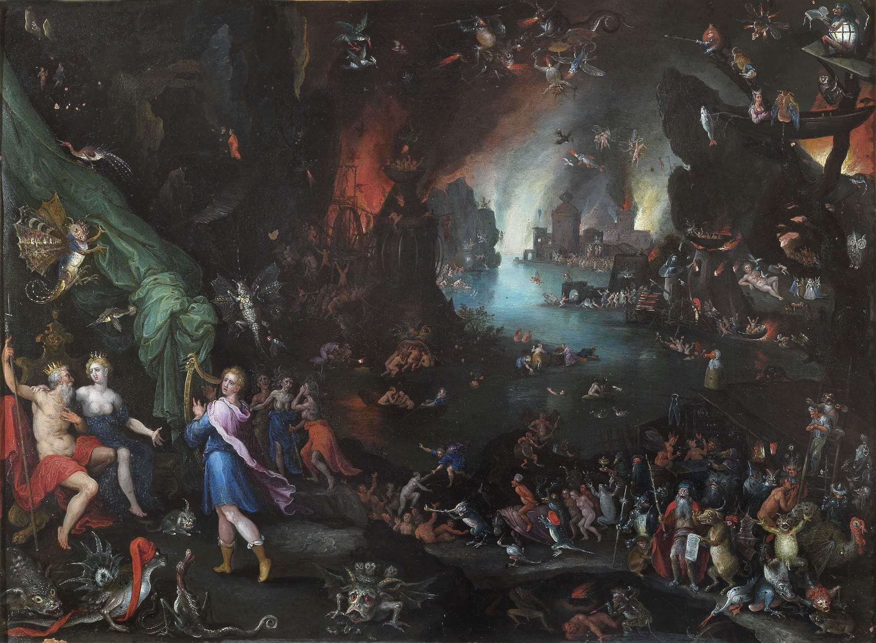 Jan Brueghel l'Ancien, Orphée aux Enfers (vers 1594 ; huile sur cuivre, 25 x 34,4 cm ; Rome, Palais Colonna, Appartement de la princesse Isabelle)
