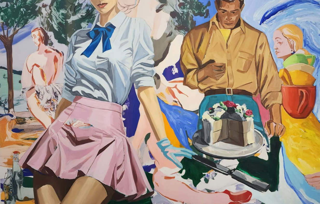 David Salle, Flower Cake (2025; olio, acrilico, flashe e carboncino su stampa d'archivio ai pigmenti su lino, 152 x 234 cm). Presentato da: Mazzoli