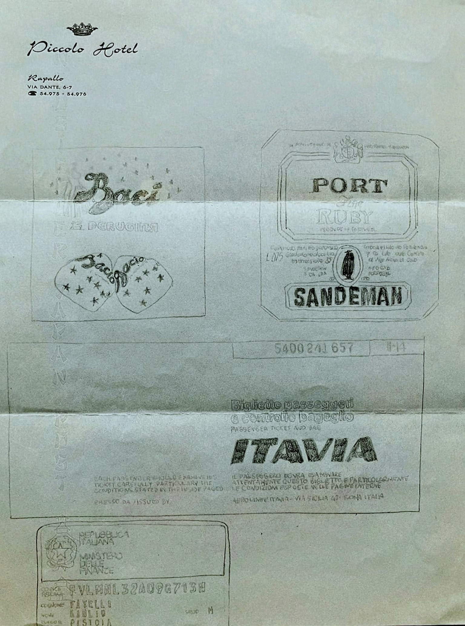 Flavio Favelli, Piccolo Hotel (2026; disegno a matita su carta intestata con cornice originale d'epoca, 29 x 21 cm). Presentato da: Studio Sales