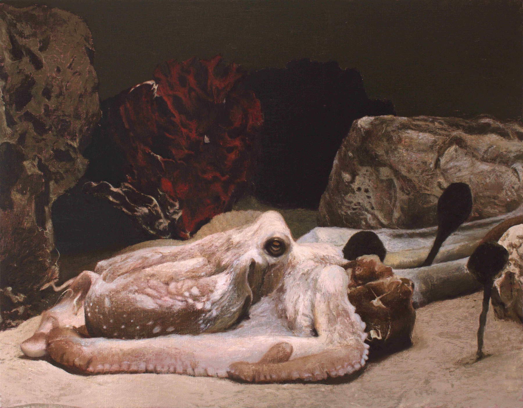 Marius Ghita, A Place of Odd Glances III (2026; olio su tela, 64 x 82 cm). Presentato da: Biju Gallery