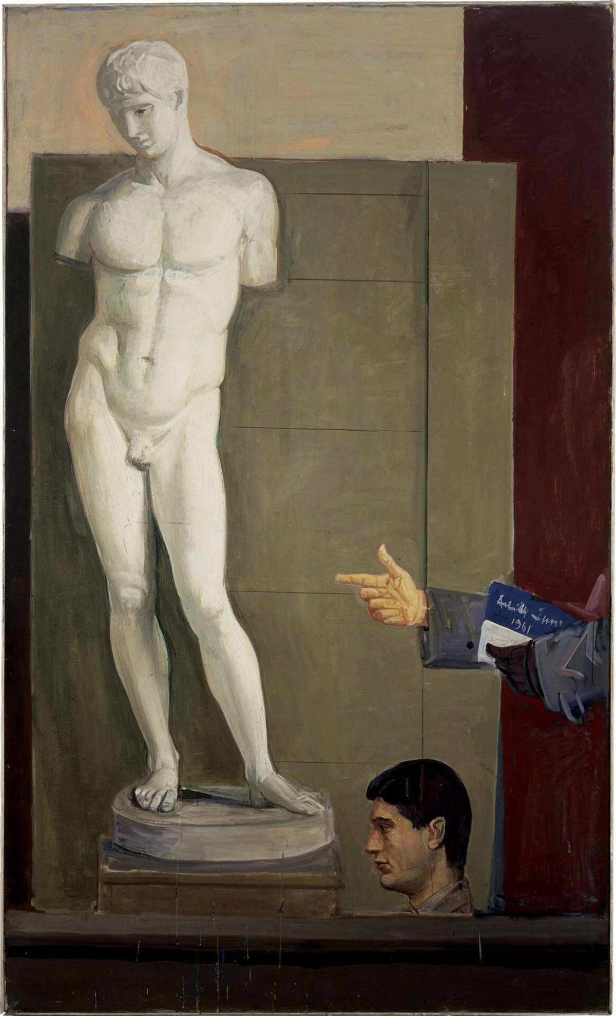 Achille Funi, L'école de Funi (Portrait avec la statue) (1961 ; huile sur toile, 200 x 122 cm ; Bergame, Galerie d'art moderne et contemporain)