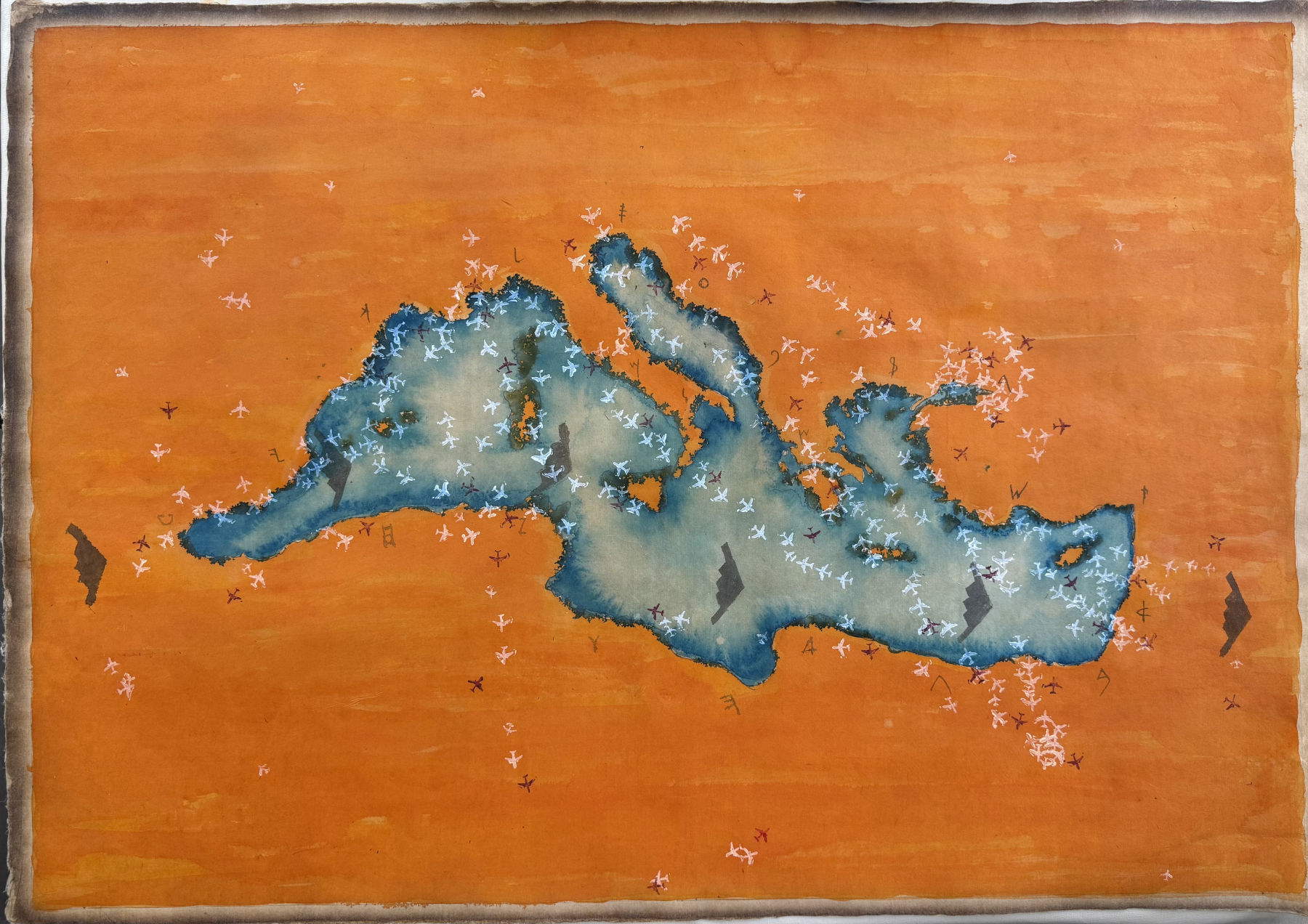 Akram Zaatari [L YM BSM] Ancient World New Age (2026; signed, dated, titled recto ink and acrylic on mulberry paper, 63.5 x 91.5 cm) &copy; Akram Zaatari. Courtesy of the artist, Sfeir-Semler Gallery and Thomas Dane Gallery.