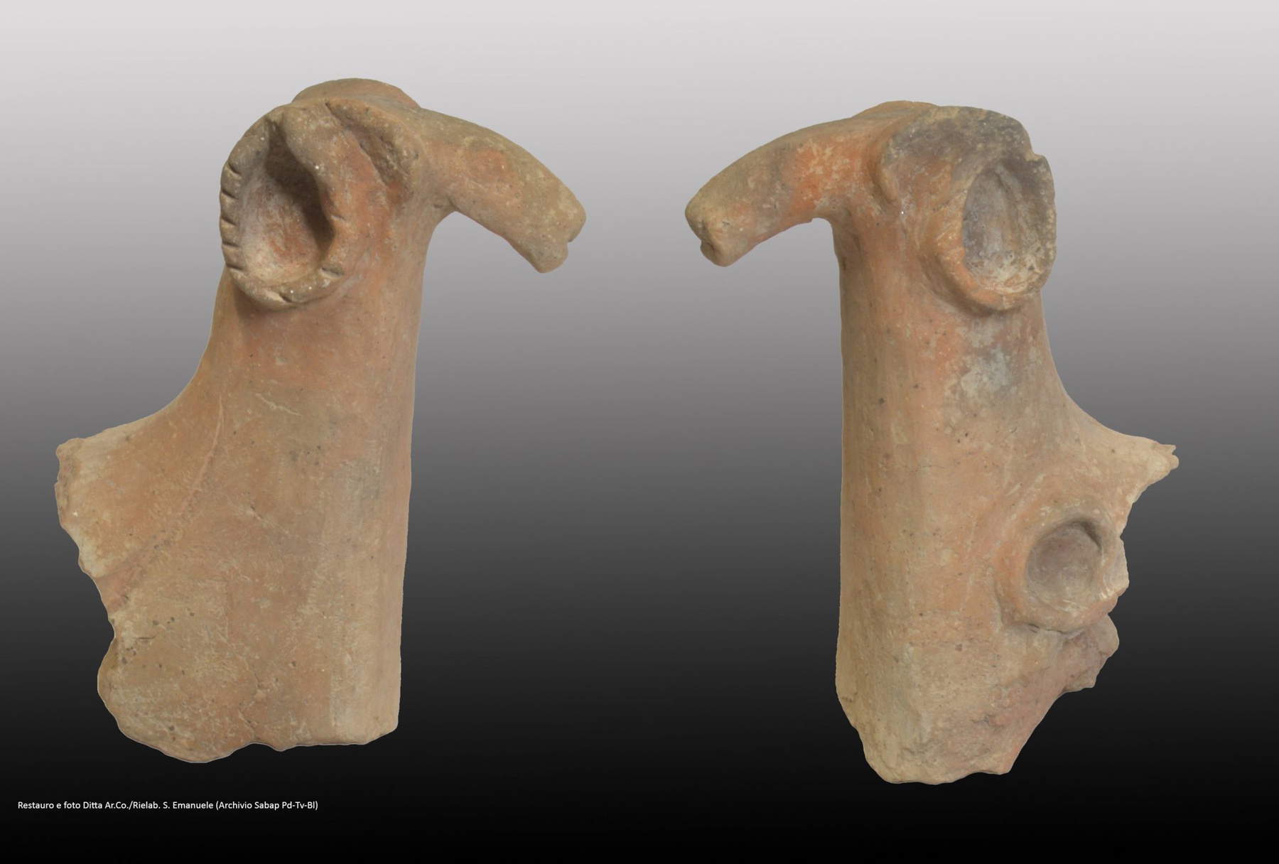 Terracotta altars with ram protome termination recovered during the archaeological excavation carried out in Padua's Via Zabarella in 2019, before and after restoration. 6th-5th centuries BC &copy; Photo credits: Sabap Pd-Tv-Bl Archives.