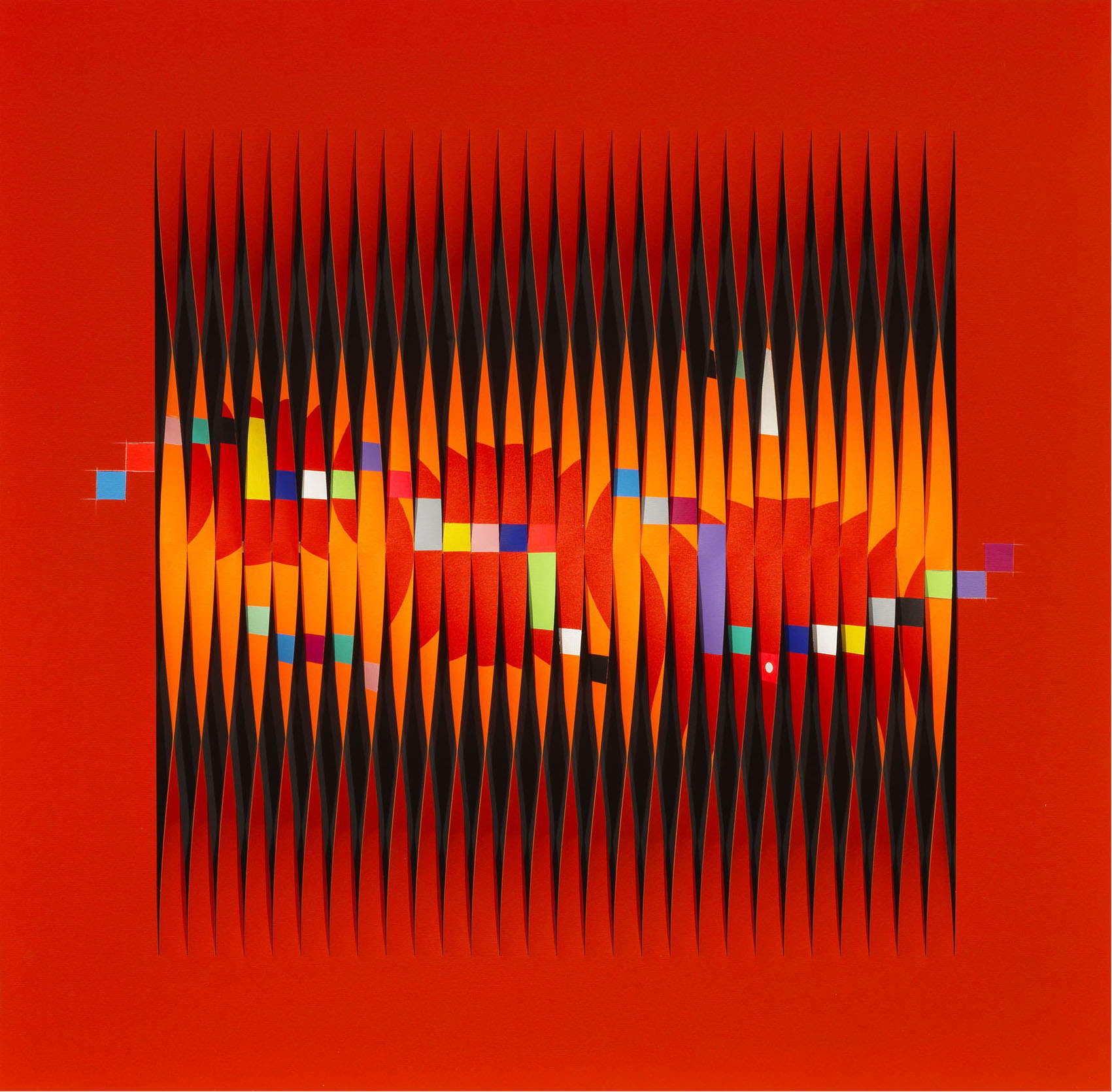 Alberto Biasi, „La kizomba“ (2013; Acryl auf Leinwand, 100 x 100 cm). Mit freundlicher Genehmigung von Tornabuoni Arte