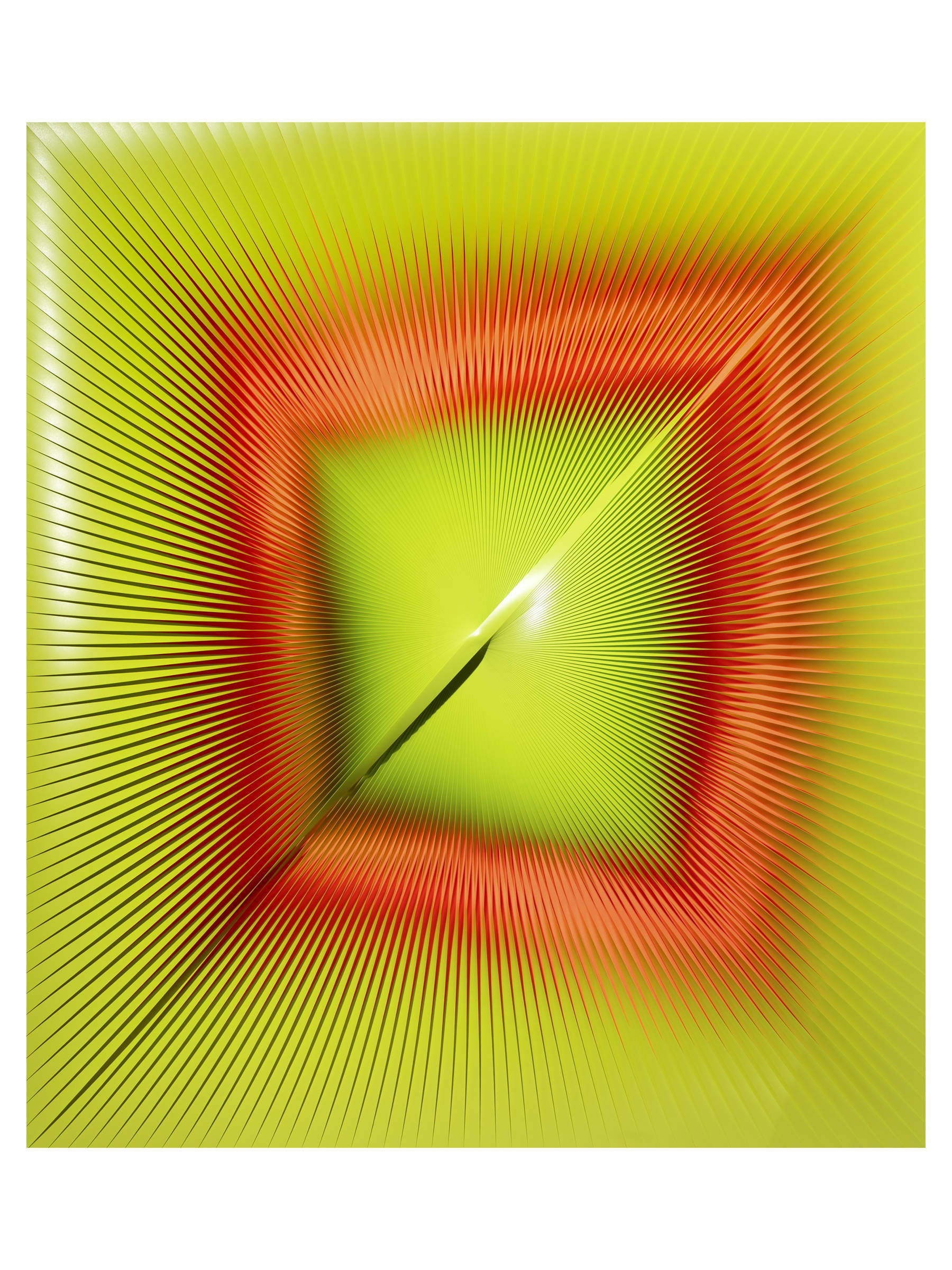 Alberto Biasi, „Rosso arancio&hellip; &egrave; stravagante“ (2005; PVC- und Acrylstreifen auf Holz, 103,5 x 118,5 cm). Mit freundlicher Genehmigung von Tornabuoni Arte