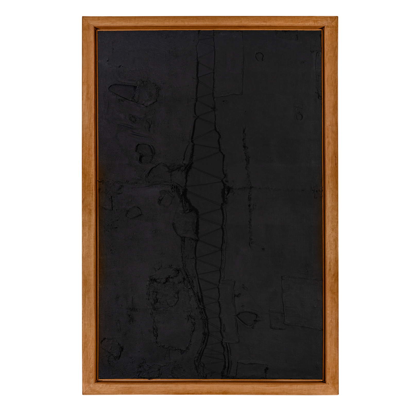 Alberto Burri, Nero con punti (1958; jute, polymeric synthetic paint, vinavil, thinly textured canvas ground, 200 x 128 cm). Unipol Group Art Heritage. Palazzo Albizzini Foundation. Burri Collection, Citt&agrave; di Castello. Photo: Flavio Pescatori
