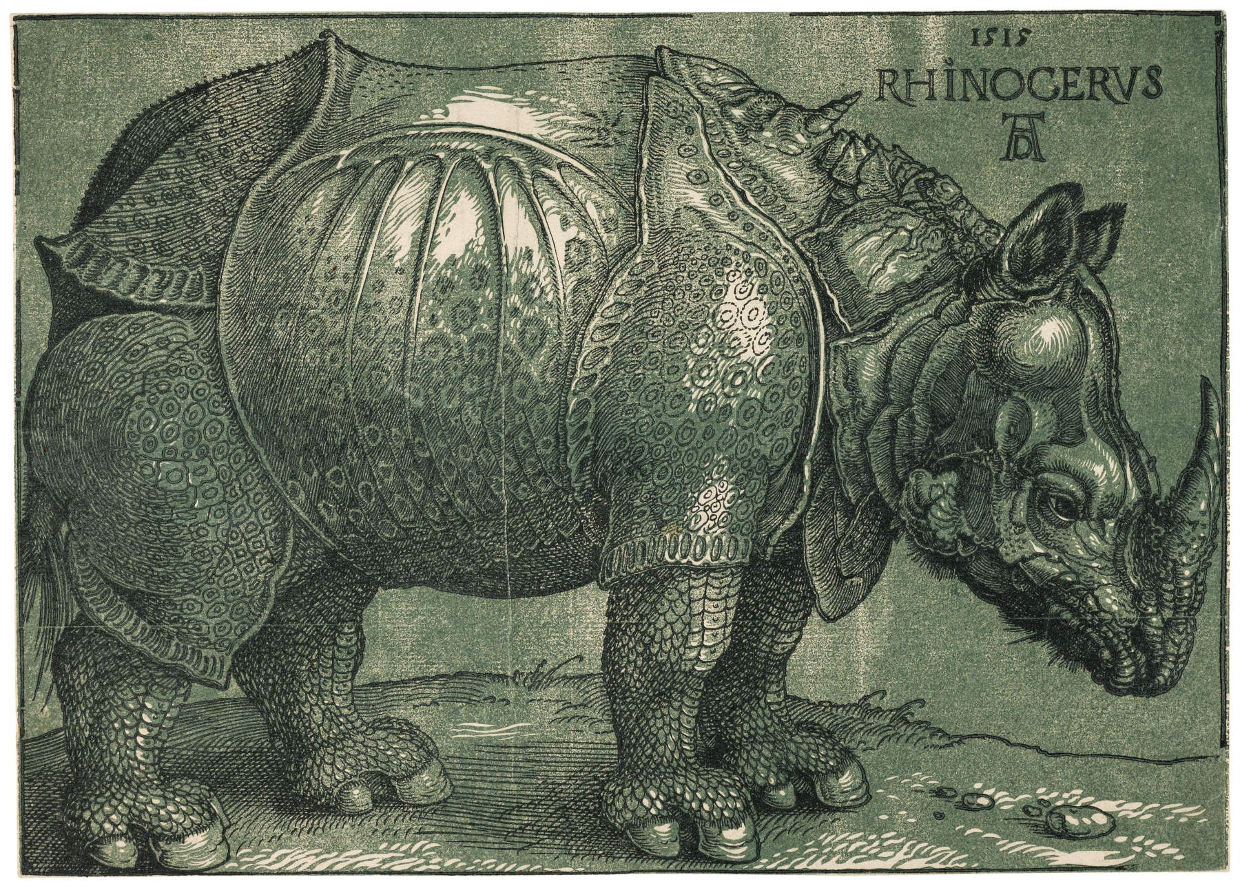 Albrecht D&uuml;rer, THE RHINOCEROS (1515; woodblock, printed circa 1620; woodcut on green-stained wood on paper, 215 &times; 303 mm; Baselitz/Blau Collection)