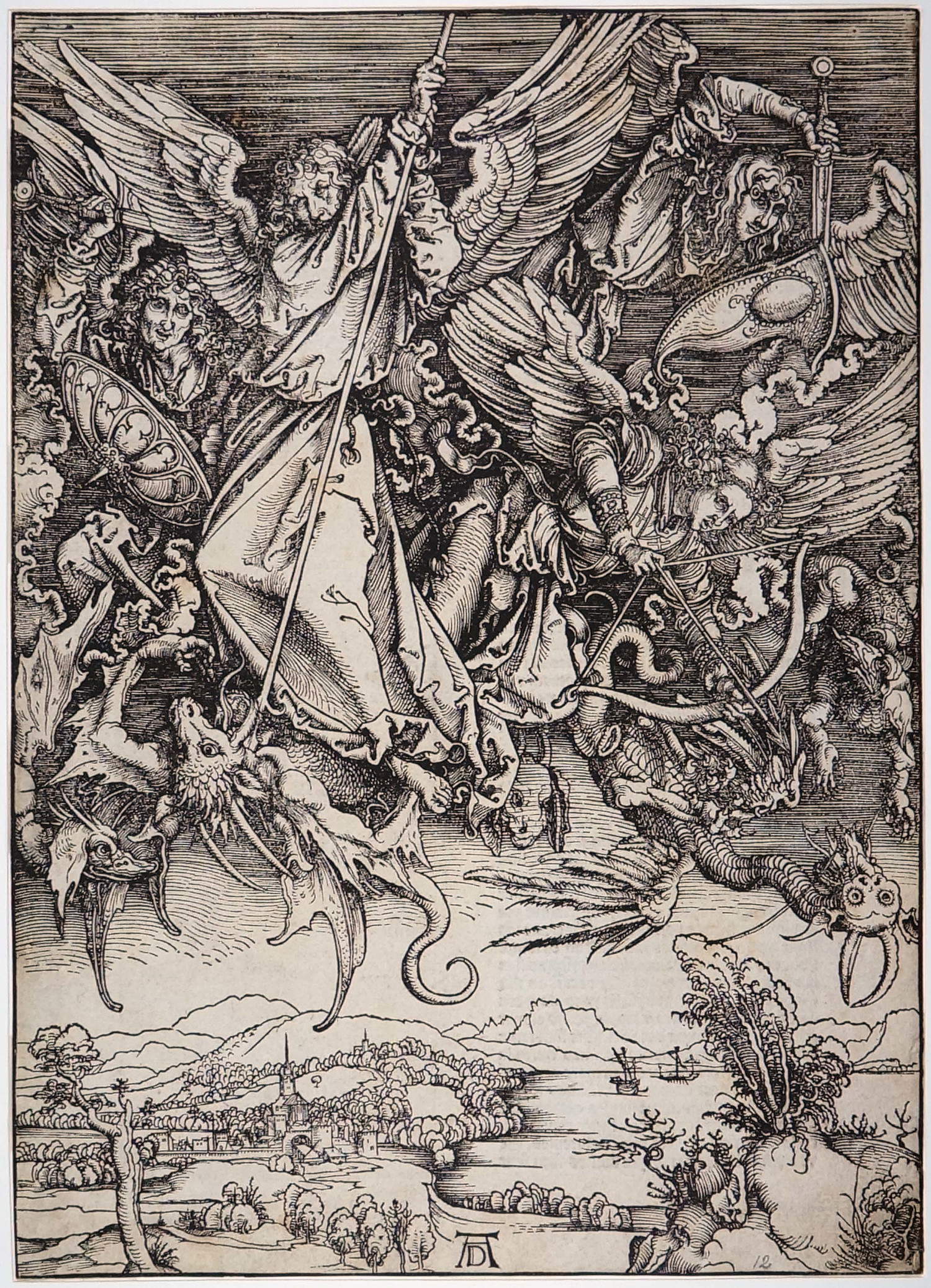 Albrecht D&uuml;rer, St. Michael Slaying the Dragon (woodcut; 393 x 281 mm, inv. PN 1587)