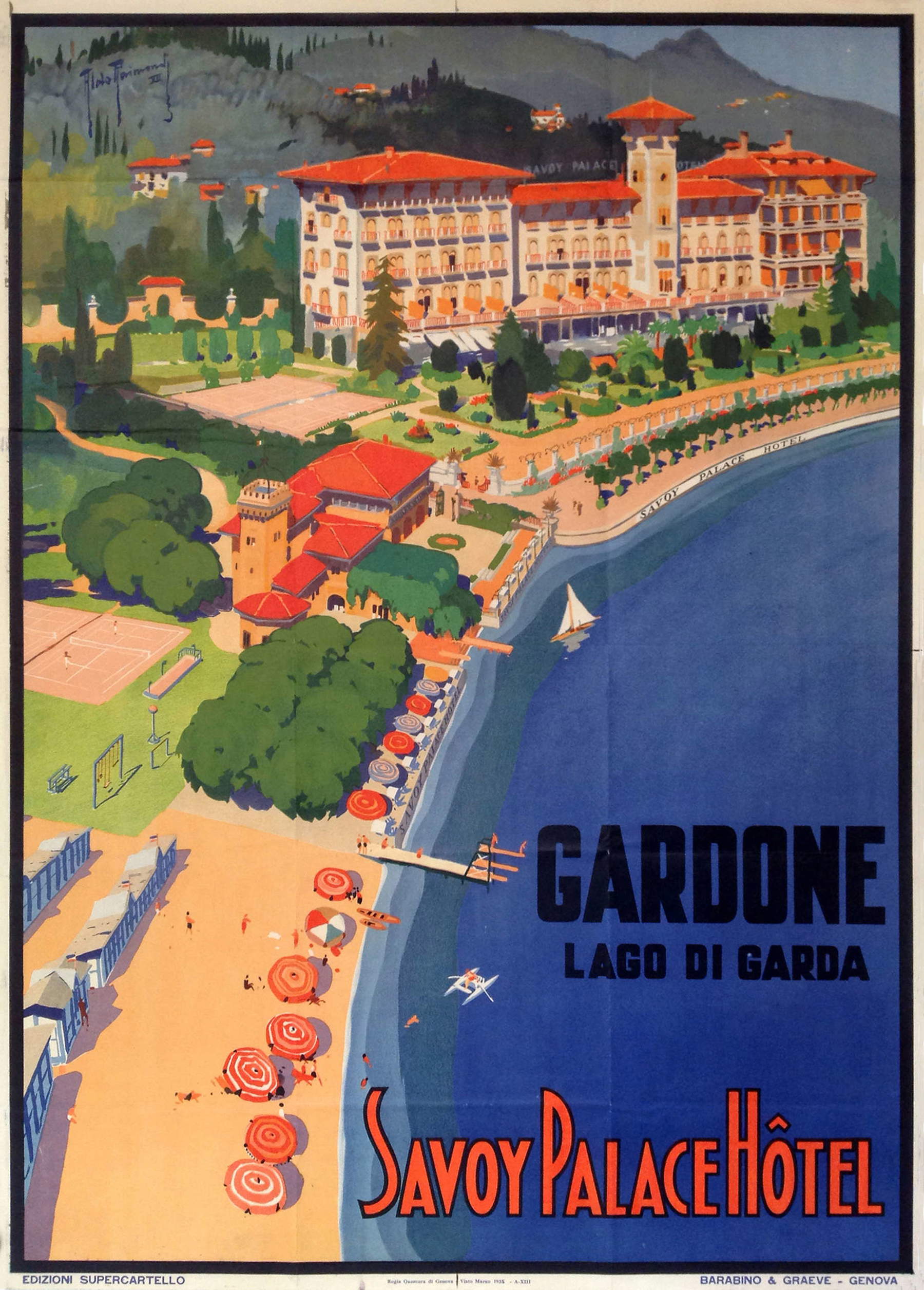 Aldo Raimondi, Gardone &ndash; Lago de Garda. Savoy Palace Hotel (Barabino &amp; Graeve, Génova, 1935; cartel, 100 x 70 cm; Génova, Archivo Histórico de la Publicidad)