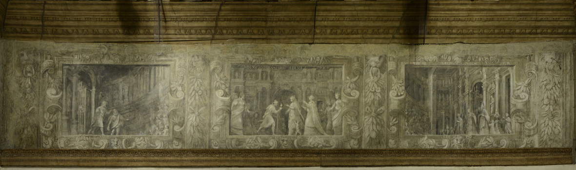 Alessandro Maganza, The inaugural performance at the Teatro Olimpico in 1585: Oedipus the Tyrant (1596; reproduction of a monochrome fresco; Vicenza, Civic Museums – Teatro Olimpico)