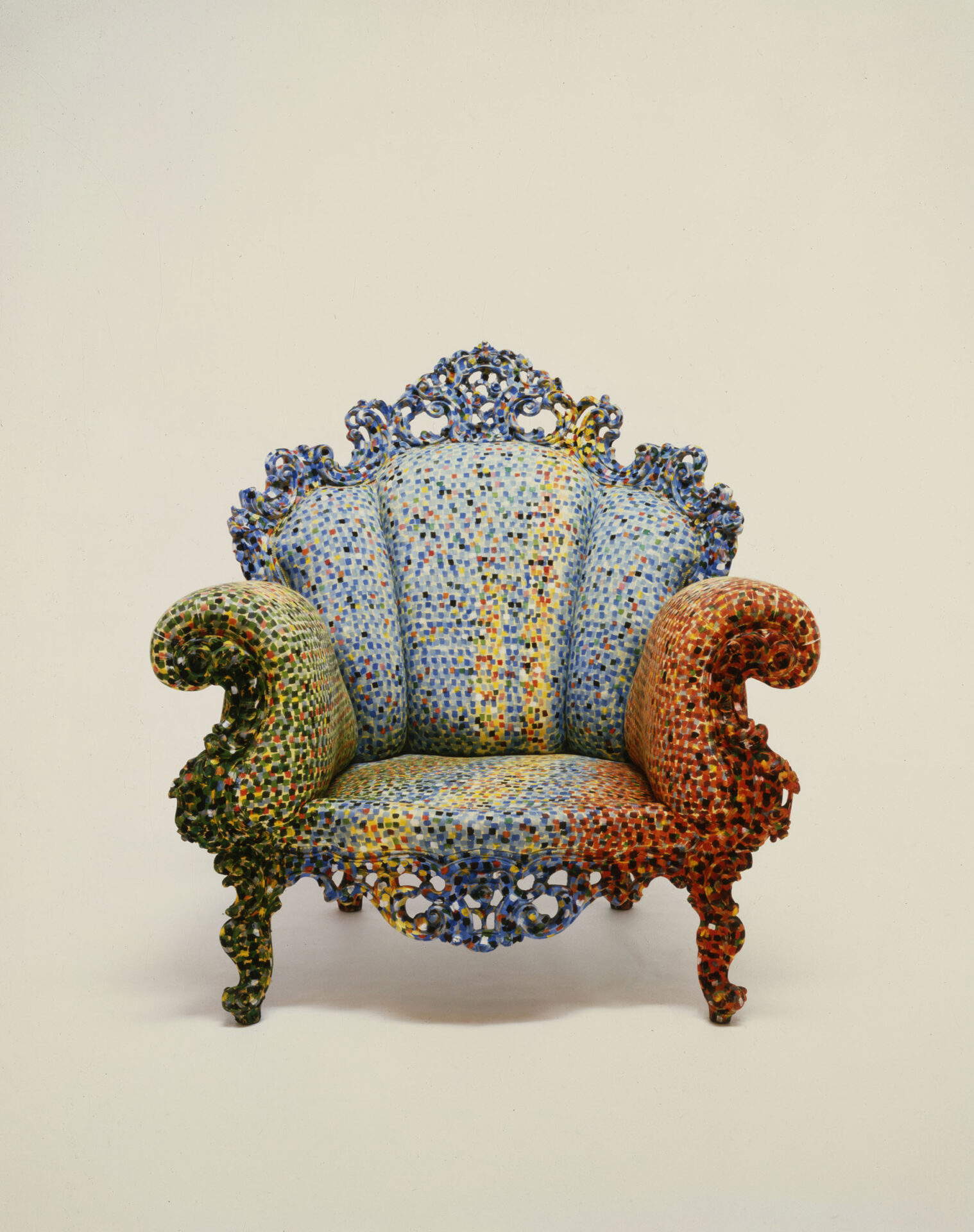 Alessandro Mendini, Proust Armchair (1978; hand-painted carved wood and fabric armchair, 108 x 104 x 90 cm) Photo: Carlo Lavatori - Alessandro Mendini Archive