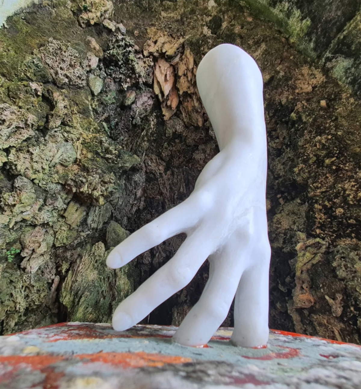 Sap in the niche that housed it during the exhibition for Onyria 2023. Images highlight microbial biofilms in the environment and at the base of the work