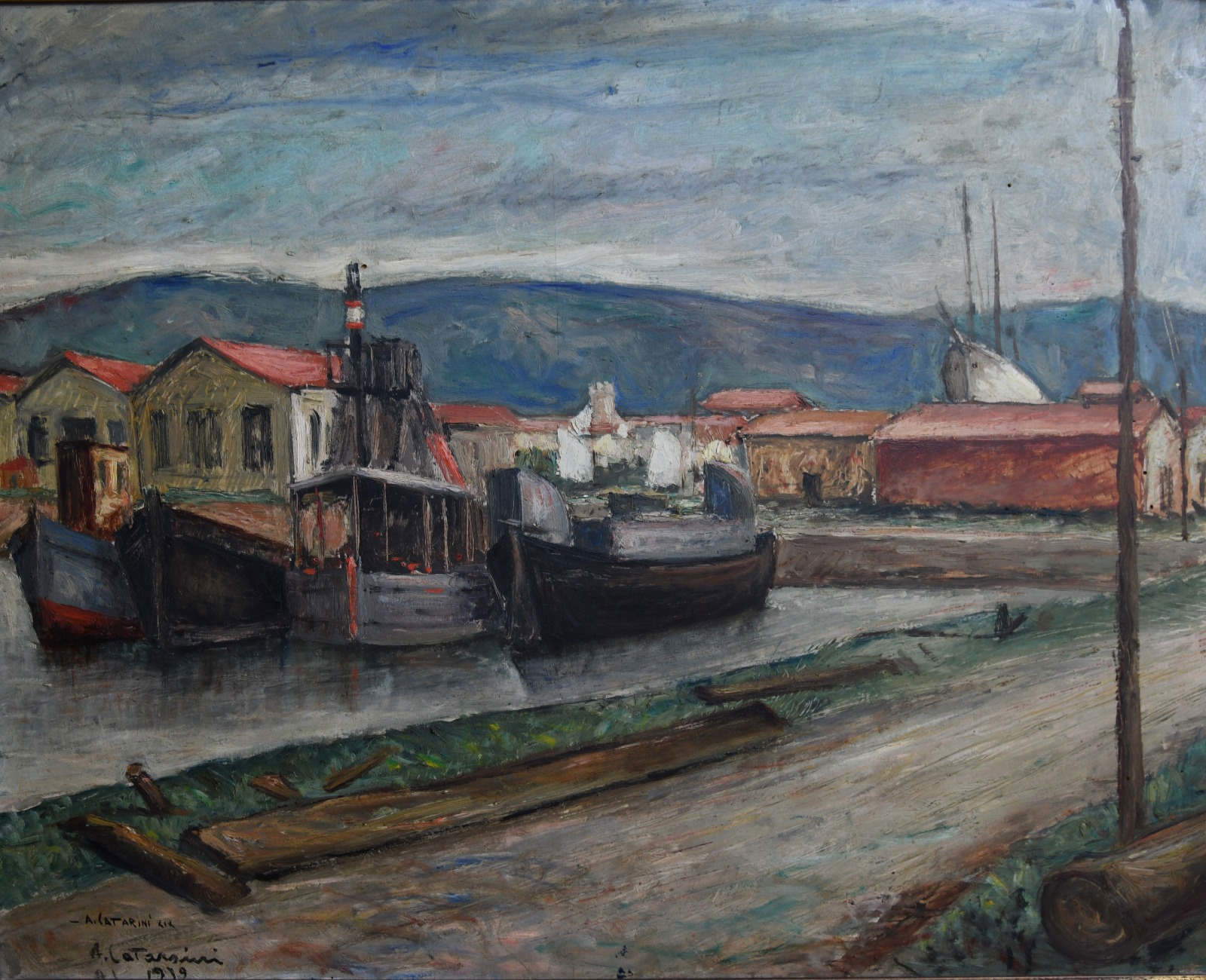 Alfredo Catarsini, Boats in the Port of Viareggio (1939; oil on panel, 56 x 70 cm)