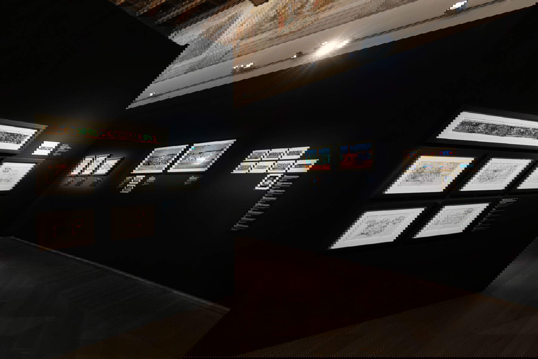 Installation view of the Banksy Archive 01 - The School of Bristol (1983-2005) exhibition at Palazzo Fava. Palazzo delle Esposizioni, Bologna. Photo: Elettra Bastoni