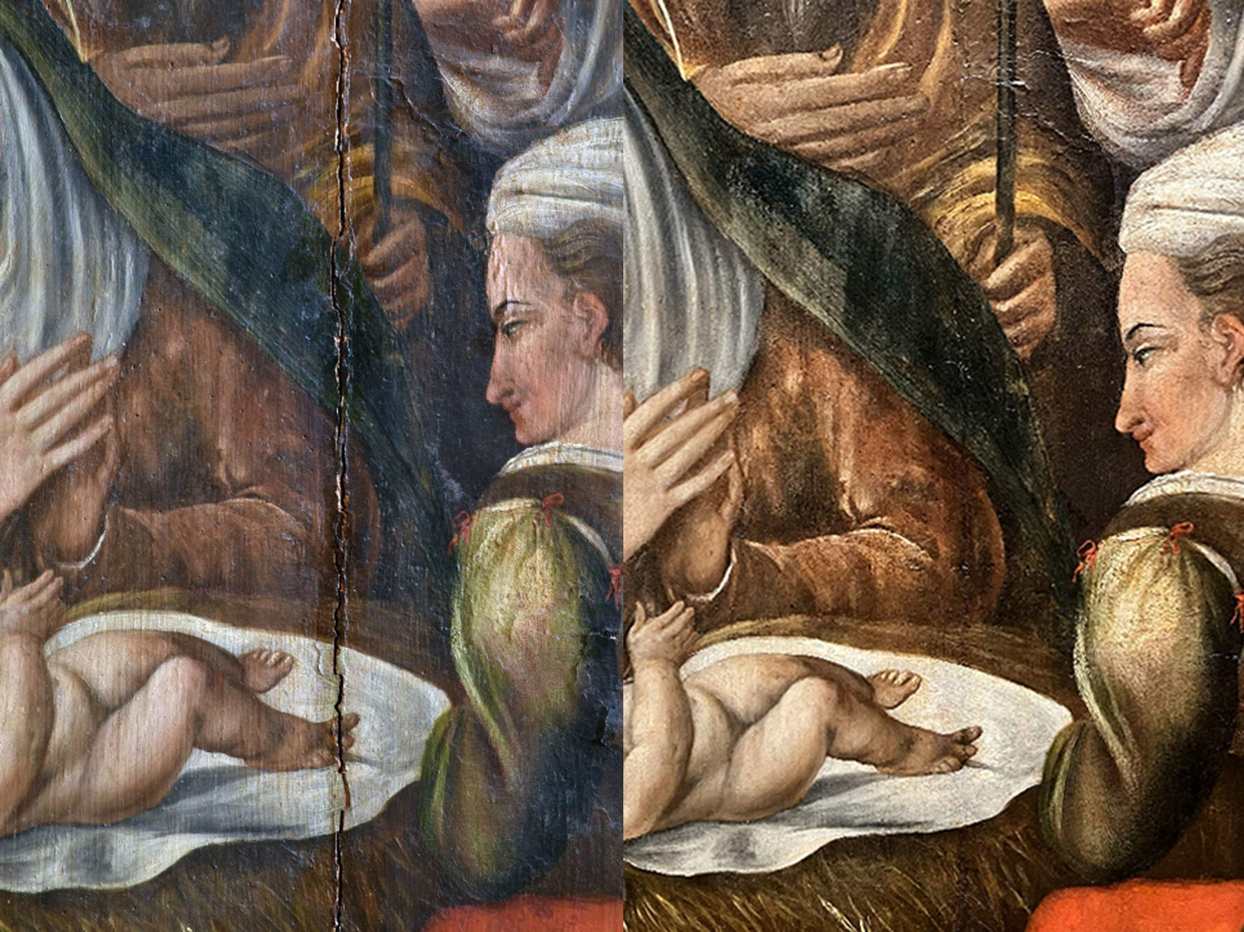Ancona der Anbetung der Hirten von Paolo Naurizio vor und nach der Restaurierung