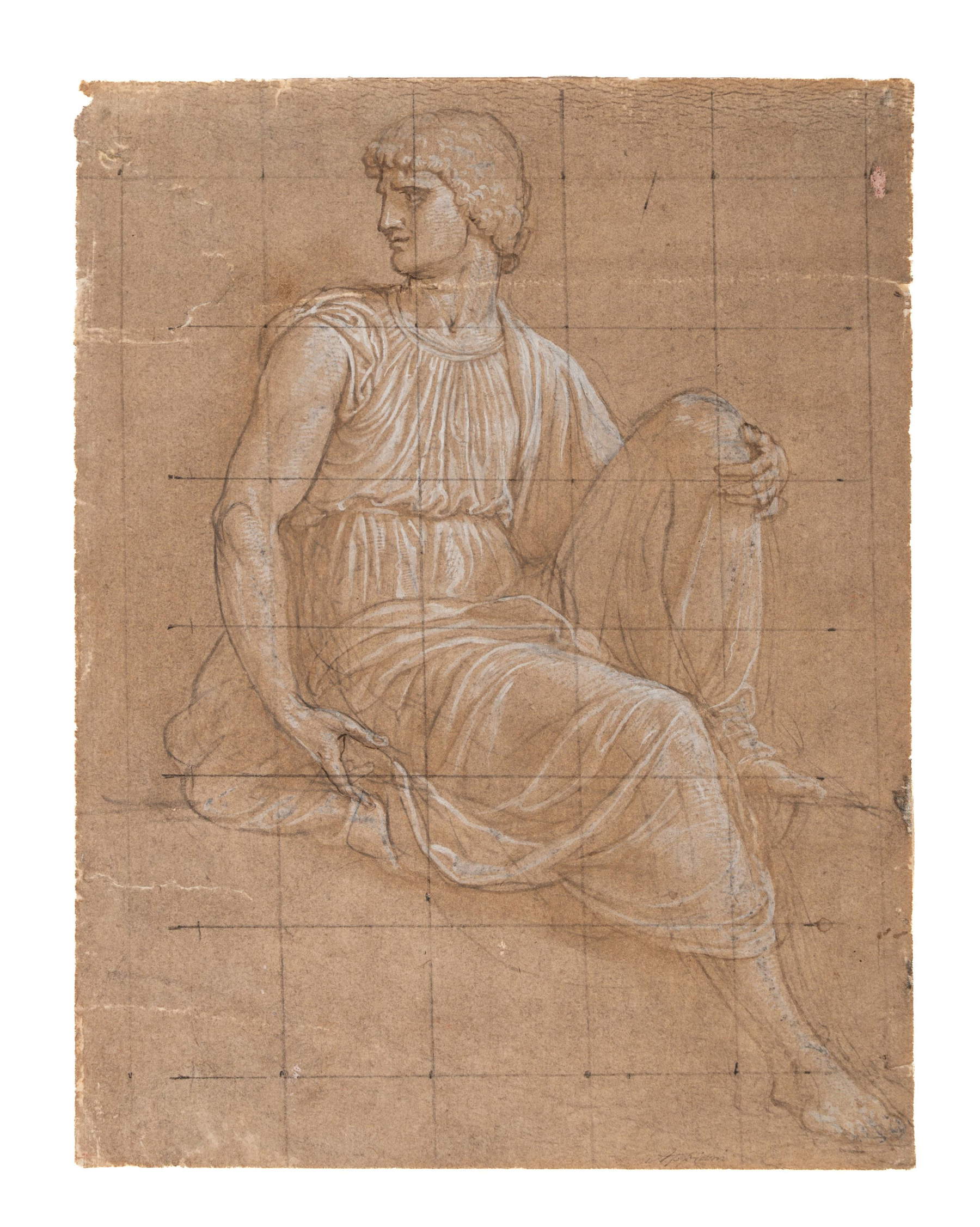 Andrea Appiani, Seated Male Figure (ca. 1782–1783; pencil, charcoal, and white lead on prepared, graph-ruled paper, 263 x 201 mm)