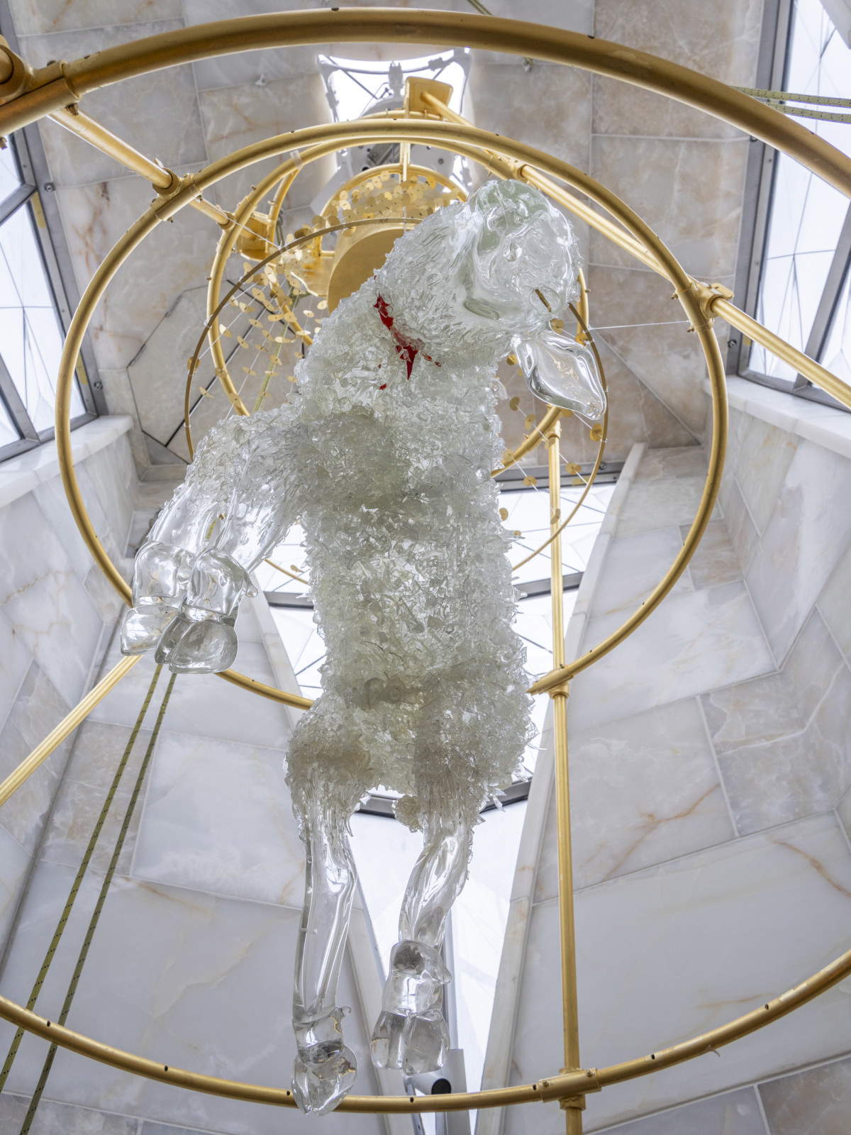 Andrea Mastrovito, Gv 1.29 (2026; glass, gold leaf, and LEDs; Barcelona, Bas&iacute;lica de la Sagrada Fam&iacute;lia). Photo: Pep Daud&eacute;