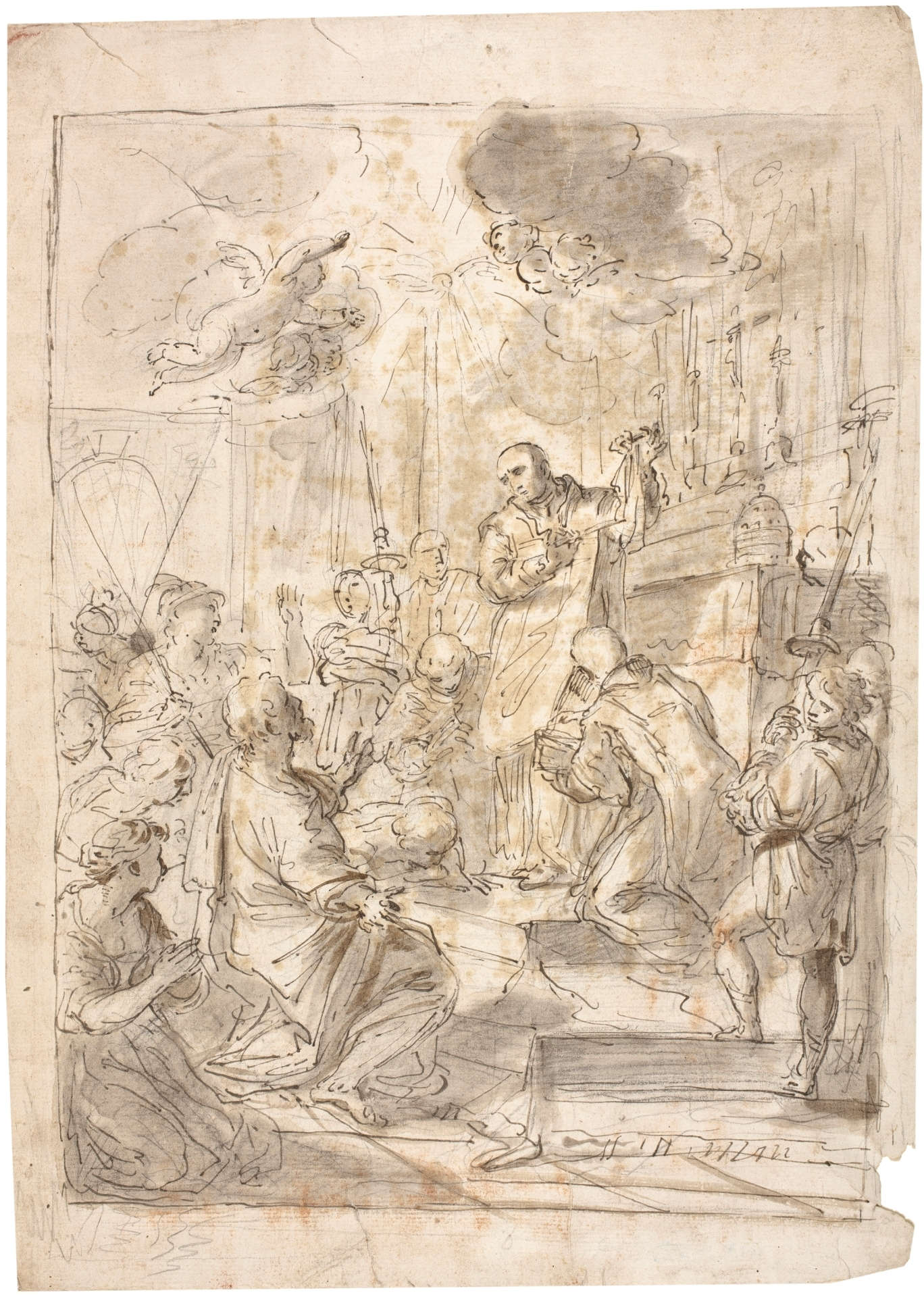 Anonymer römischer Künstler, Messe des Heiligen Gregor (1750–1775?; Feder und braune Tinte auf einer Vorzeichnung mit schwarzem Bleistift, graues und braunes Aquarell, Spuren von rotem Bleistift, mit Feder konturiert, 455 &times; 329 mm; Madrid, Prado, Inv. D1191)