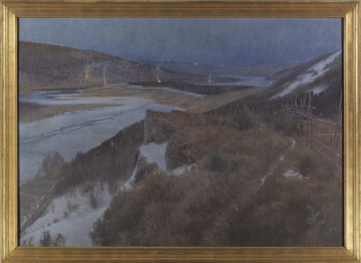 Anshelm Schultzberg, Valpurga Nacht in Bergslagen, Grang&auml;rde in Dalarna (Valborgsm&auml;ssoafton i Bergslagen) (1896; Öl auf Leinwand, 168 x 240 cm , Stockholm, Nationalmuseum, nm 1504) Foto: Wikimedia Commons