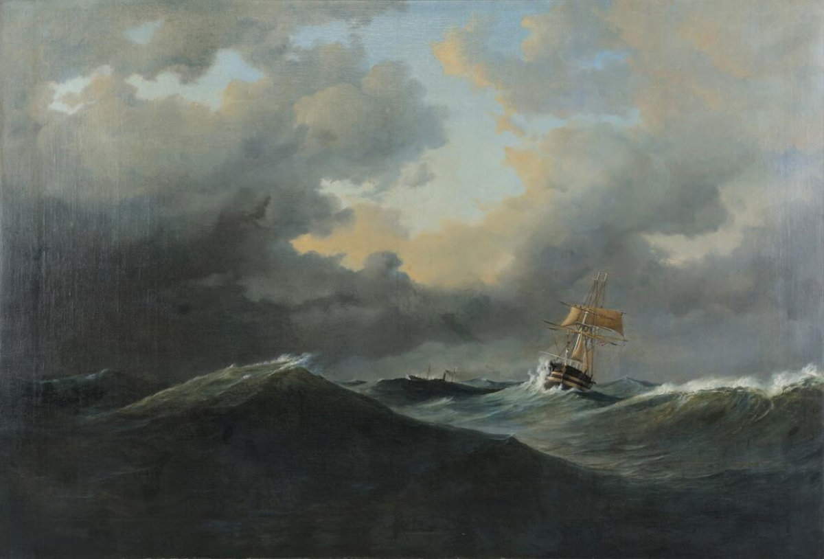 Anton Melbye, Una nave danese in alto mare, sullo sfondo un battello a vapore (1843; olio su tela,181&times;264 cm). Foto: Bonhams &ndash; Bruun Rasmussen