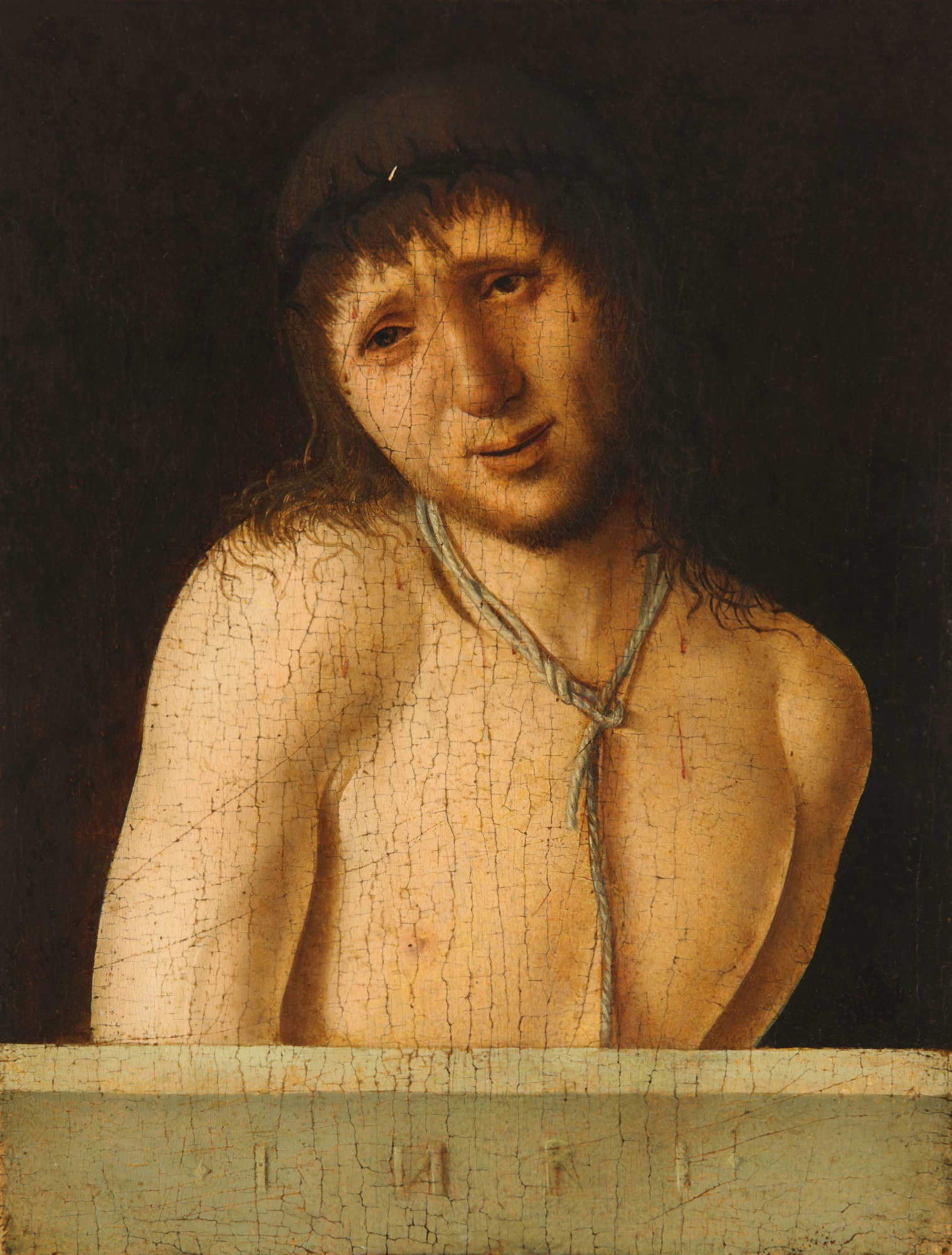 Antonello da Messina, *Ecce Homo*, recto (c. 1470; tempera on wood, 20.3 x 14.9 cm; L&rsquo;Aquila, National Museum of Abruzzo)