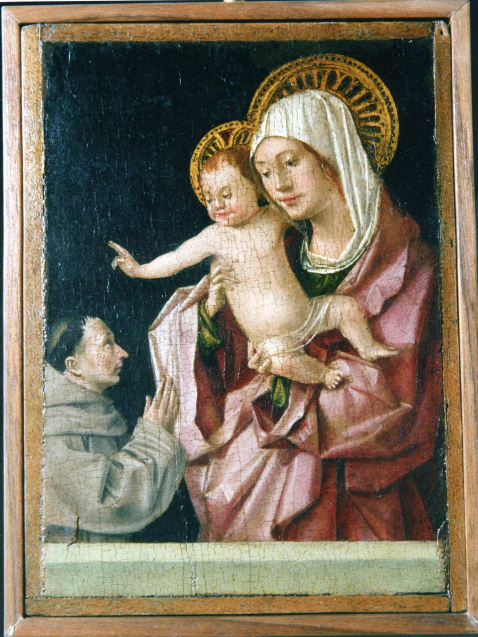 Antonello da Messina, Tabloide de doble cara, anverso, «La Virgen con el Niño y un santo franciscano» (1465-1470; témpera sobre madera, 16 x 11,9 cm; Messina, Museo Regional Accascina)