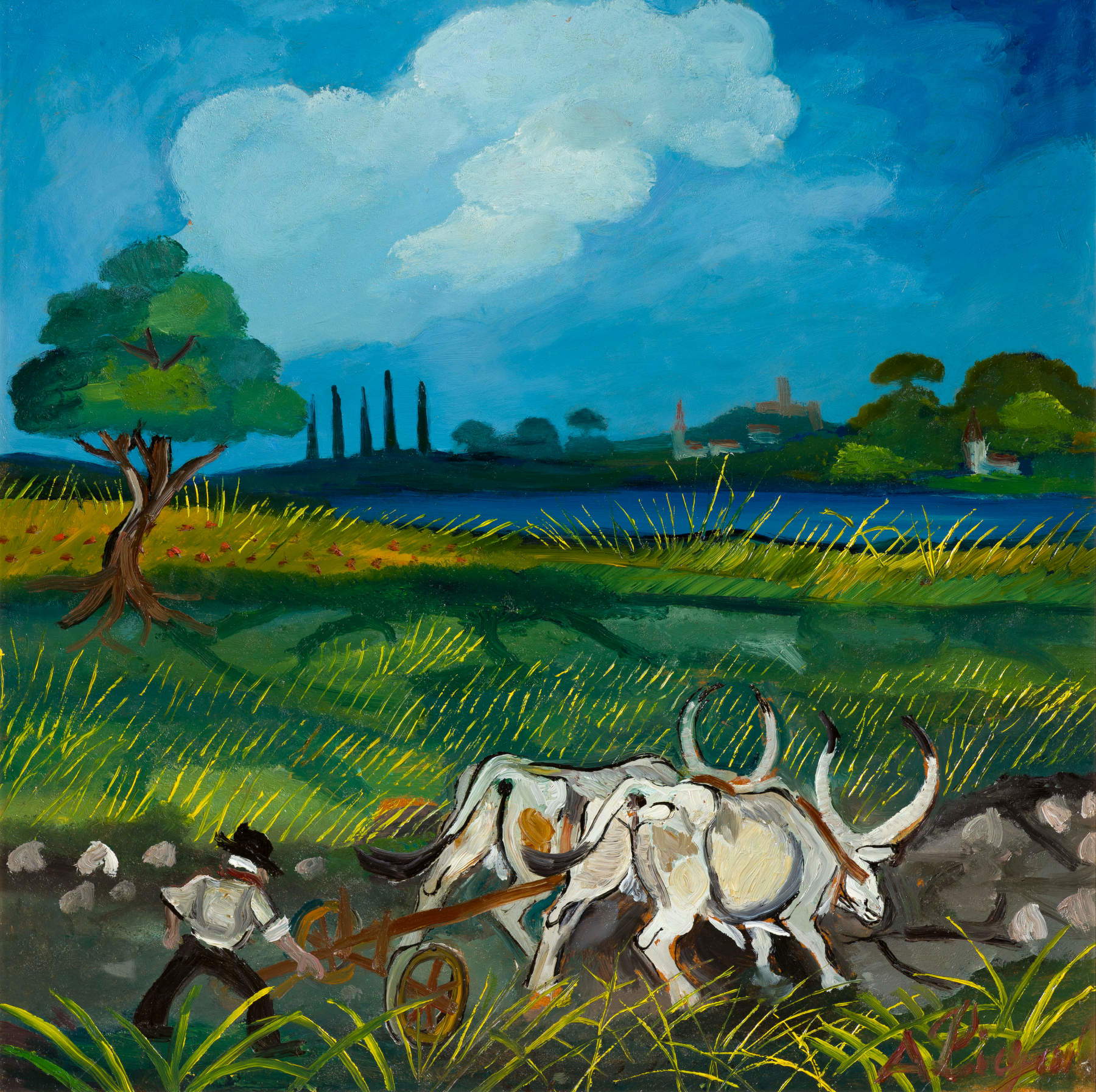 Antonio Ligabue, Plowing with Oxen (1955–1956; oil on hardboard, 46 x 44 cm; Brescia, BPER Collection)