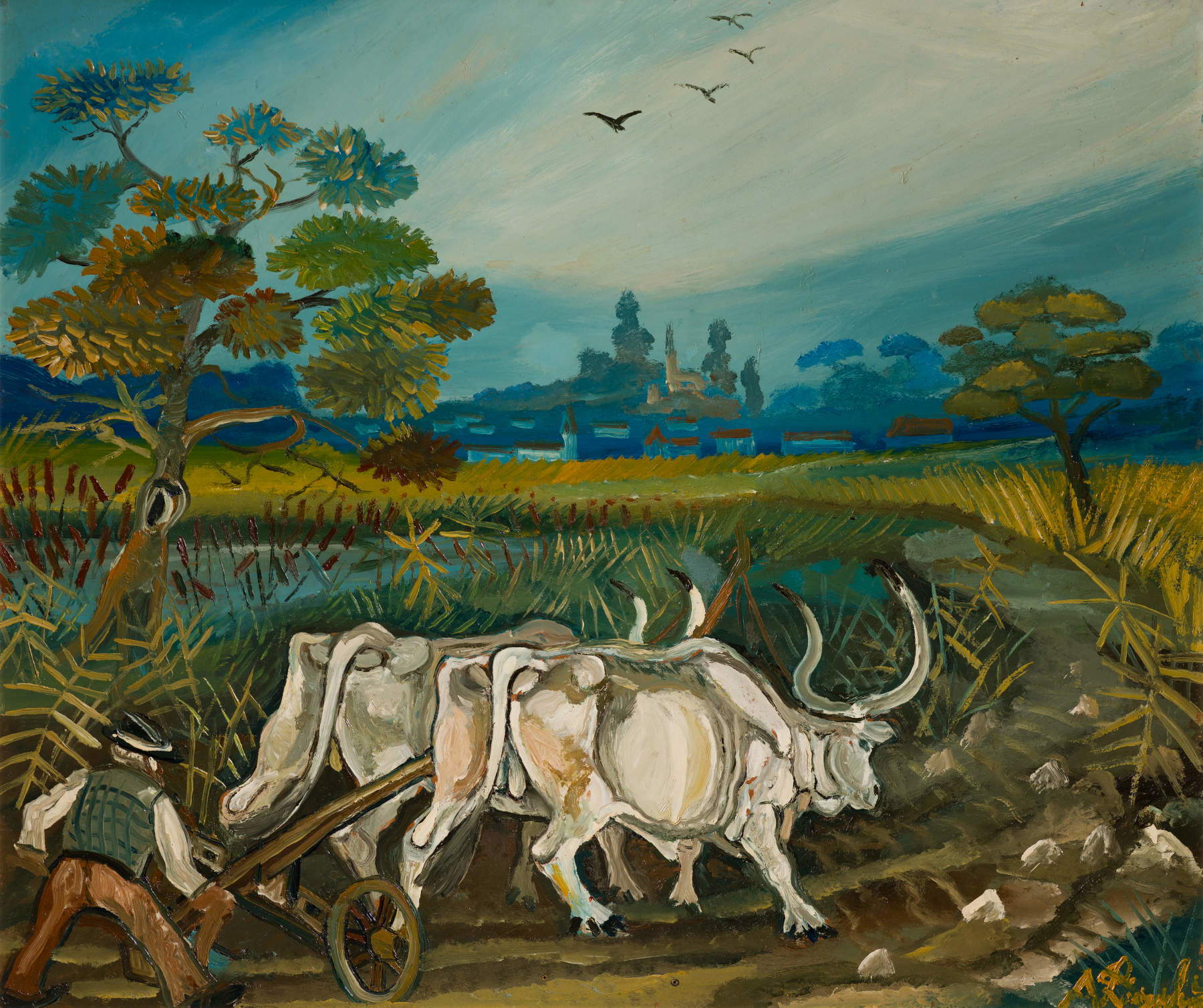 Antonio Ligabue, Plowing with Oxen (1953–1954; oil on hardboard, 56 x 66 cm; Brescia, BPER Collection)