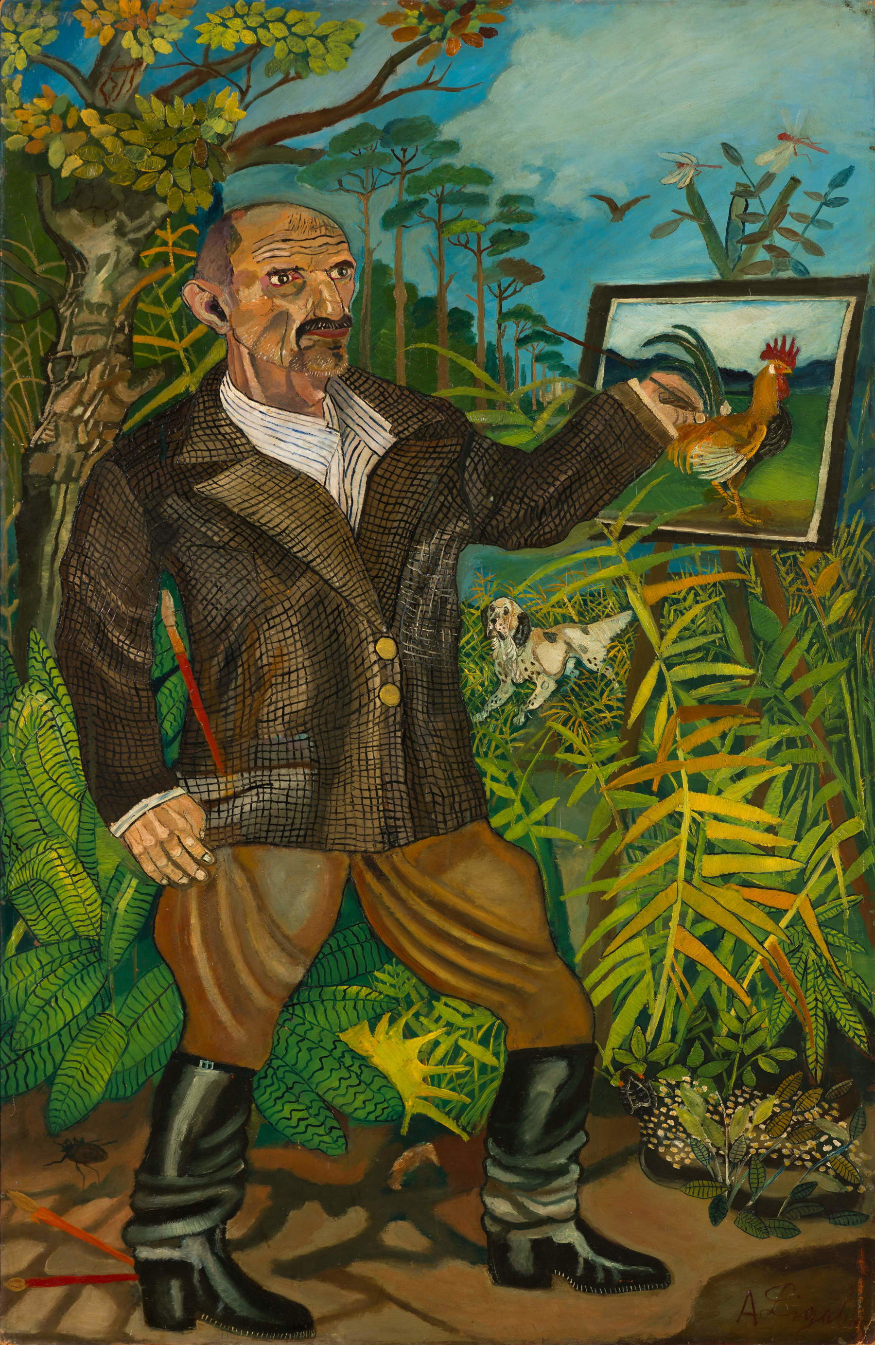 Antonio Ligabue, Self-Portrait with Easel (1954&ndash;1955; oil on hardboard, 199 x 130 cm; Brescia, BPER Collection)