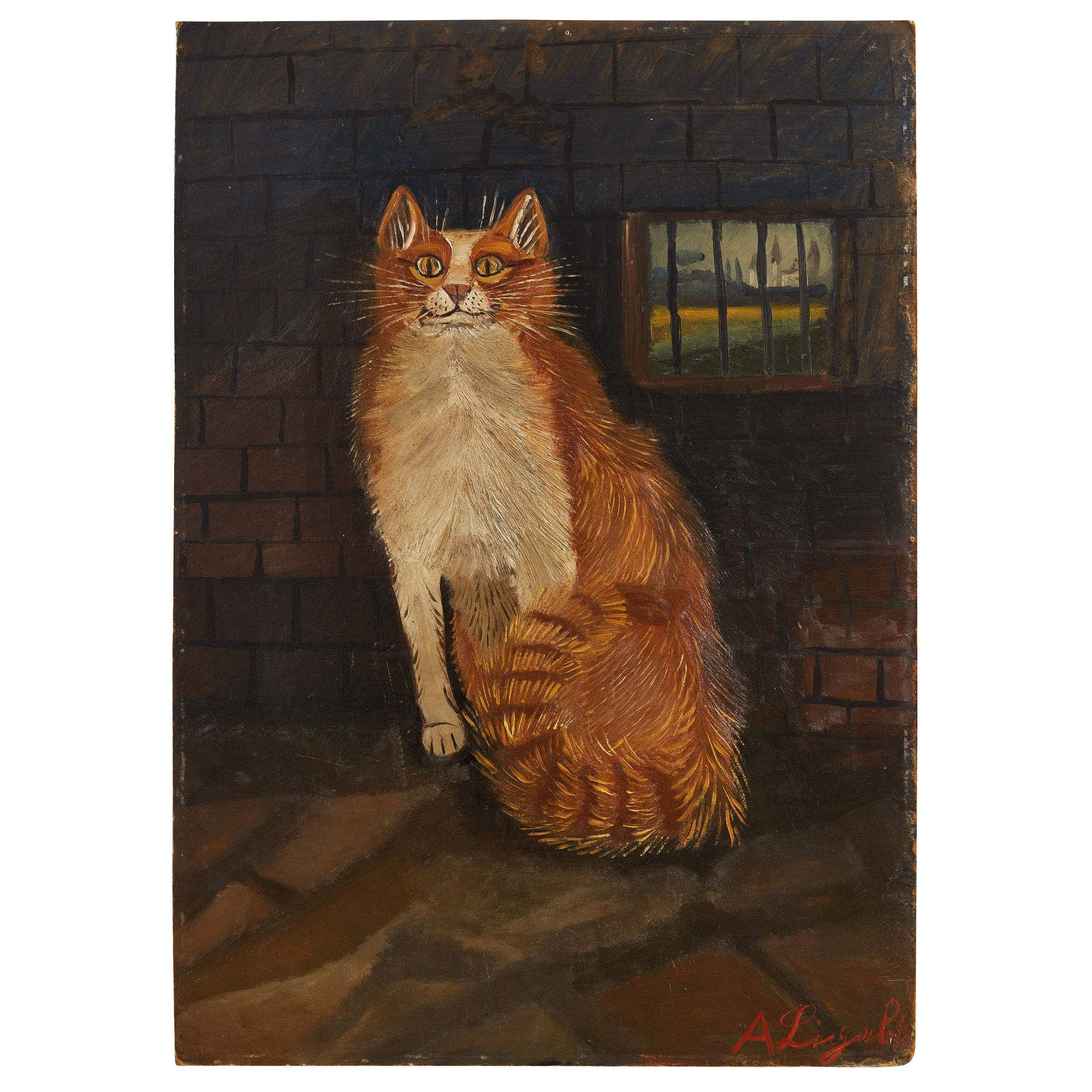 Antonio Ligabue, Chat avec intérieur et fenêtre (3e période (1952-1962) [1956] ; huile sur faésite, 92x65 cm ; signée en bas à droite) Estimation &euro; 80,000/150,000