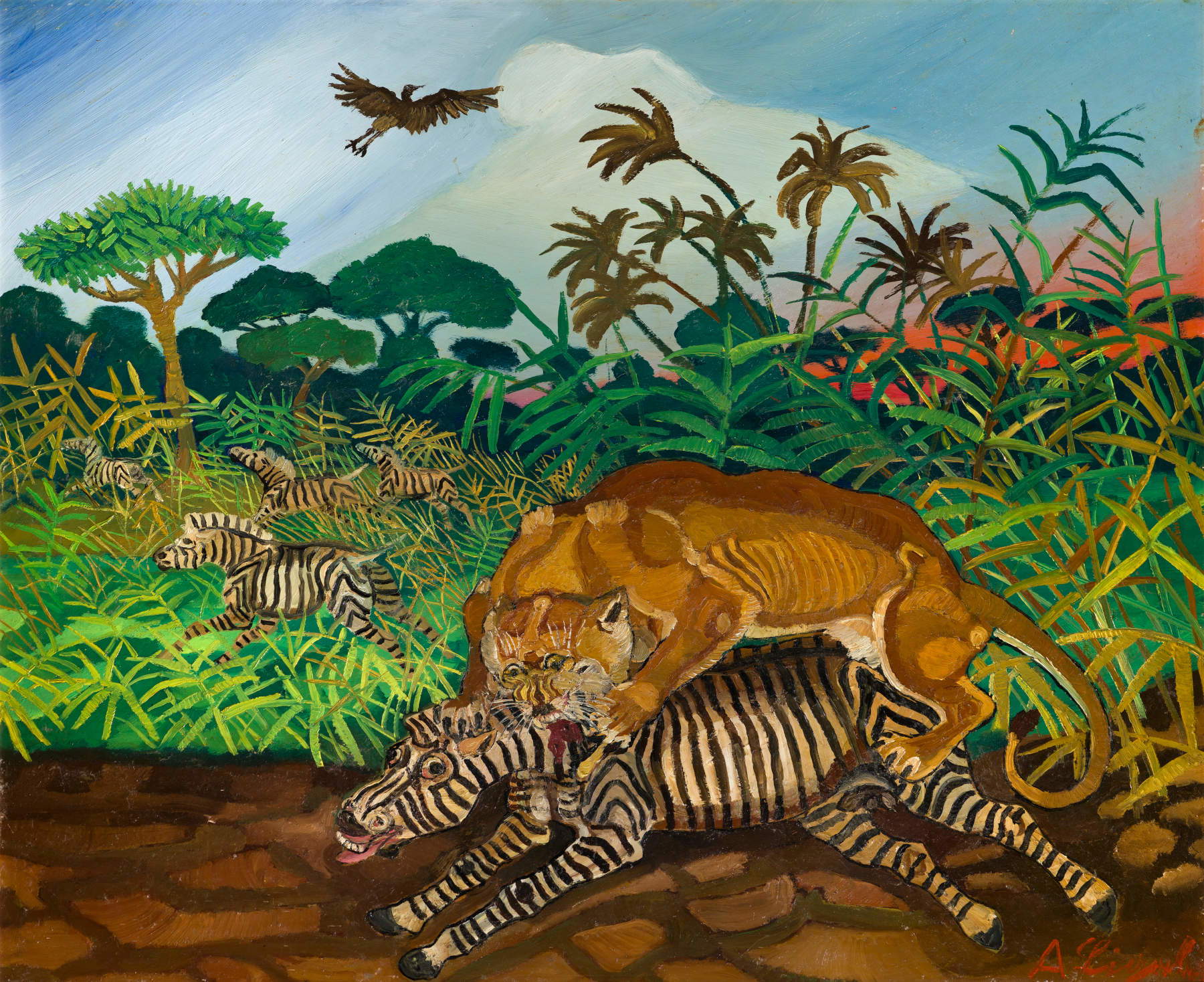 Antonio Ligabue, Lioness with Zebra (1959–1960; oil on hardboard, 72 x 88 cm; Brescia, BPER Collection)