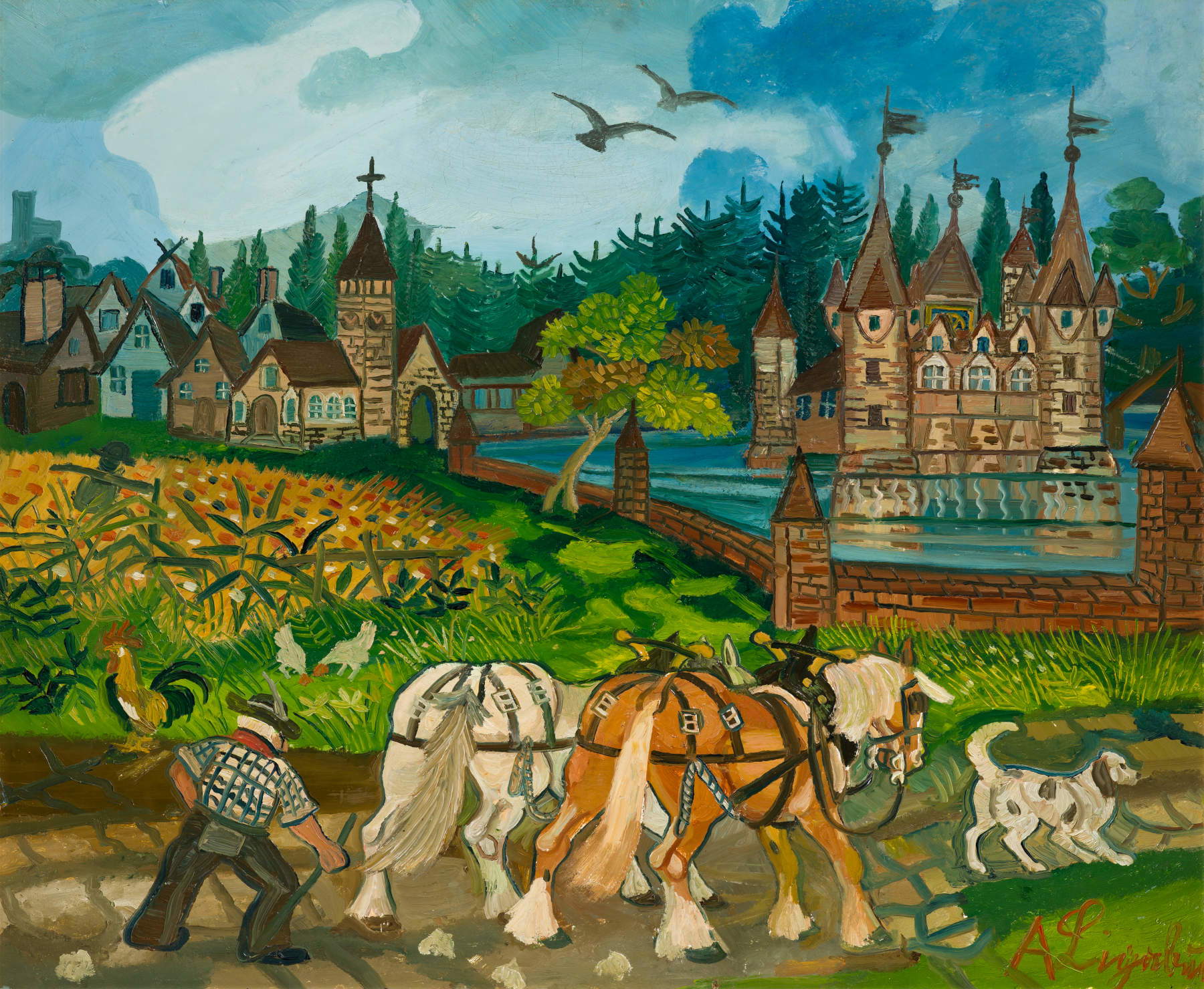 Antonio Ligabue, Return from the Fields with a Castle (1955 / 1957; oil on hardboard, 77 &times; 93 cm; Brescia, BPER Collection)