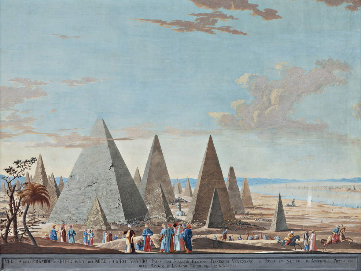 Antonio Piemontesi called Baseggio, View of the Pyramids of Egypt, Part of the Nile and Old Cairo (oil on canvas; Trieste, Historical Museum of the Castle and Park of Miramare)