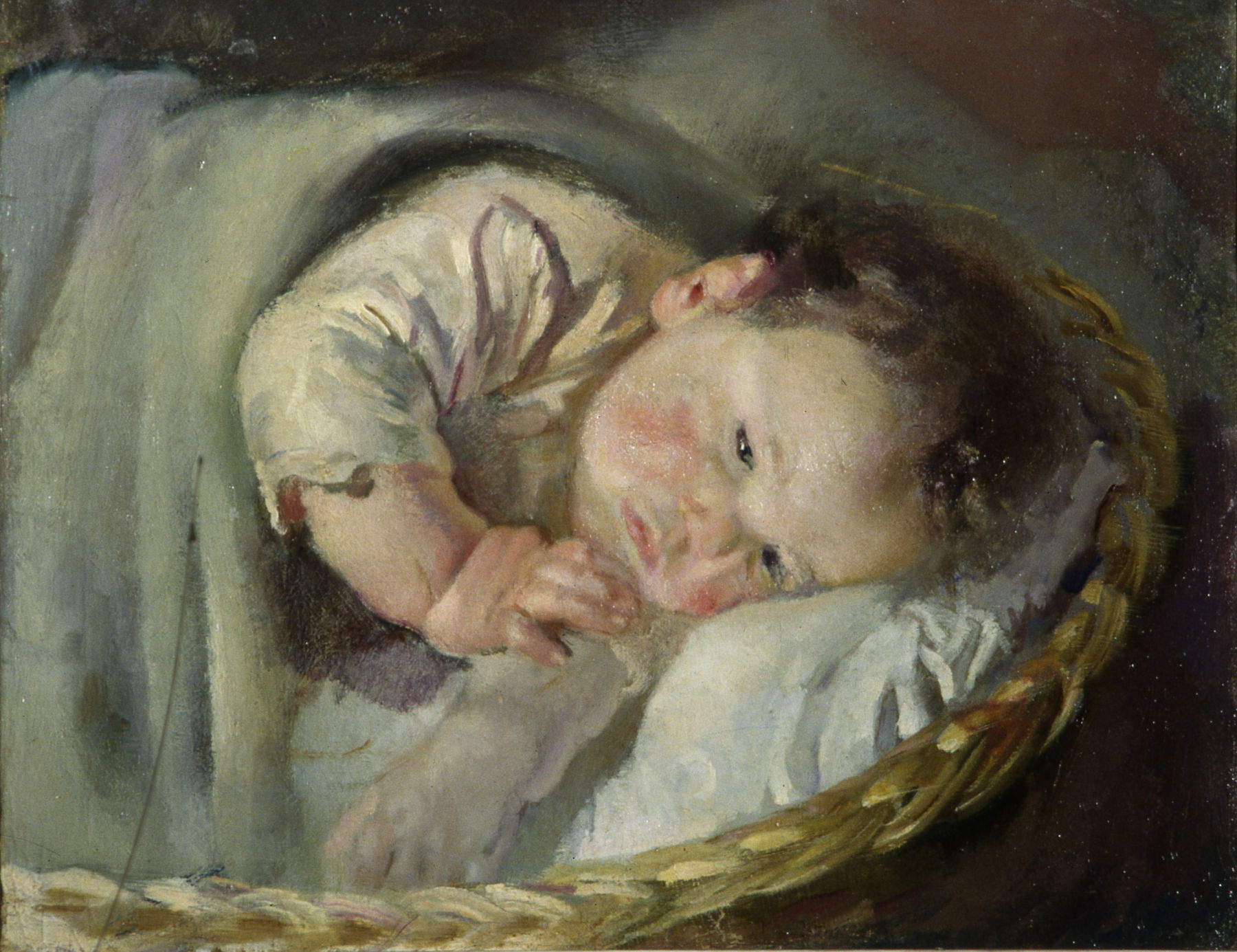 Armando Spadini, Lillo in the Cradle (ca. 1920; oil on canvas, 38 x 47 cm; Piacenza, Galleria d'Arte Moderna Ricci Oddi)
