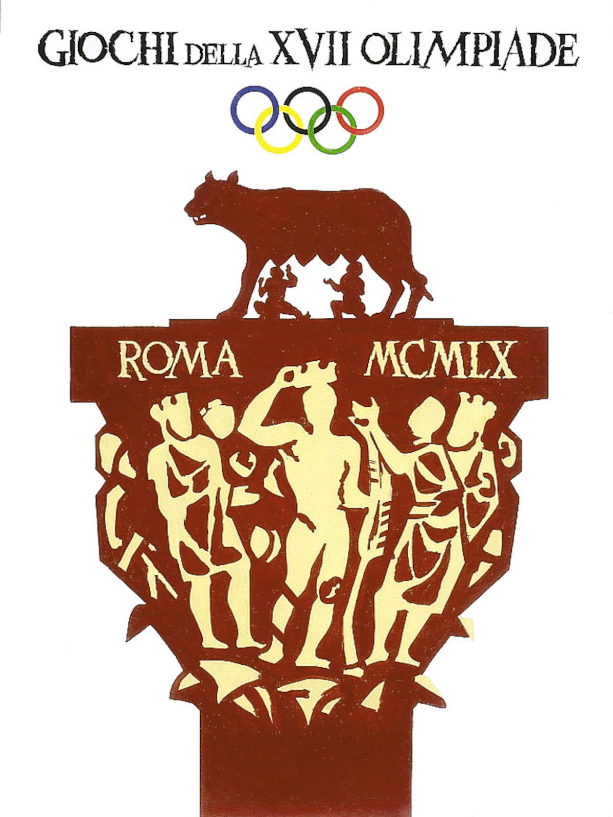 Spiele der XVII. Olympiade (1959; Buchdruck auf Papier, auf Leinwand und Rahmen aufgezogen, 100 x 70 cm). Mit freundlicher Genehmigung von Gemma De Angelis Testa und TestaperTesta. Bildnachweis: Fabio Mantegna